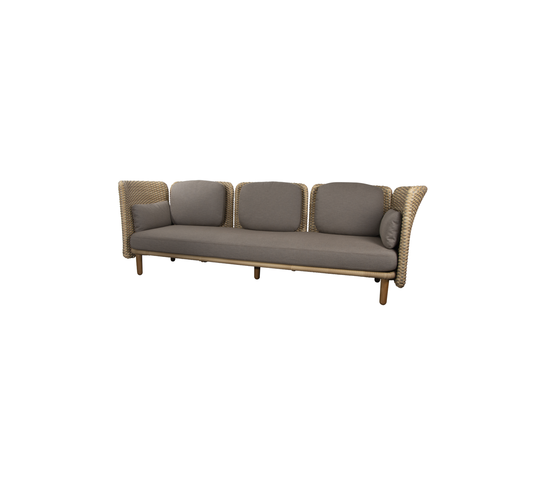 Un sofá elegante para cuatro personas con un diseño tejido y cojines de color neutro y suave para comodidad y elegancia.