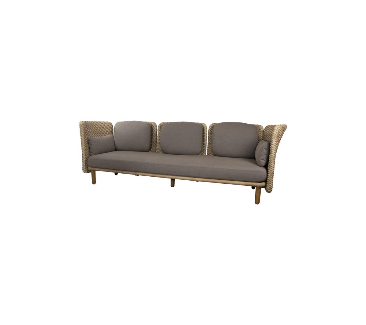 Un sofá elegante para cuatro personas con un diseño tejido y cojines de color neutro y suave para comodidad y elegancia.