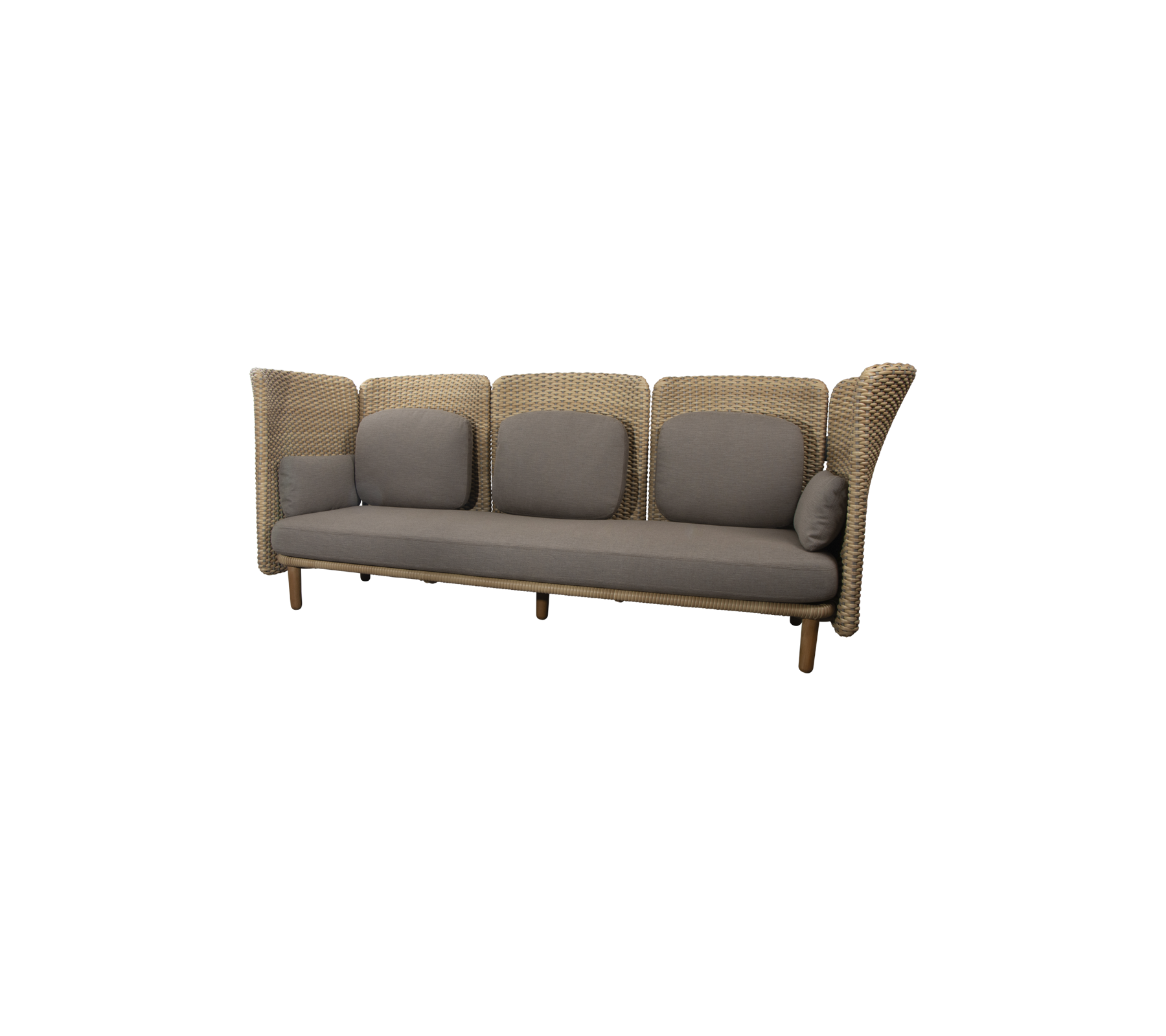 Sofá de tres plazas elegante con un diseño tejido y cojines grises, perfecto para espacios de vida modernos.
