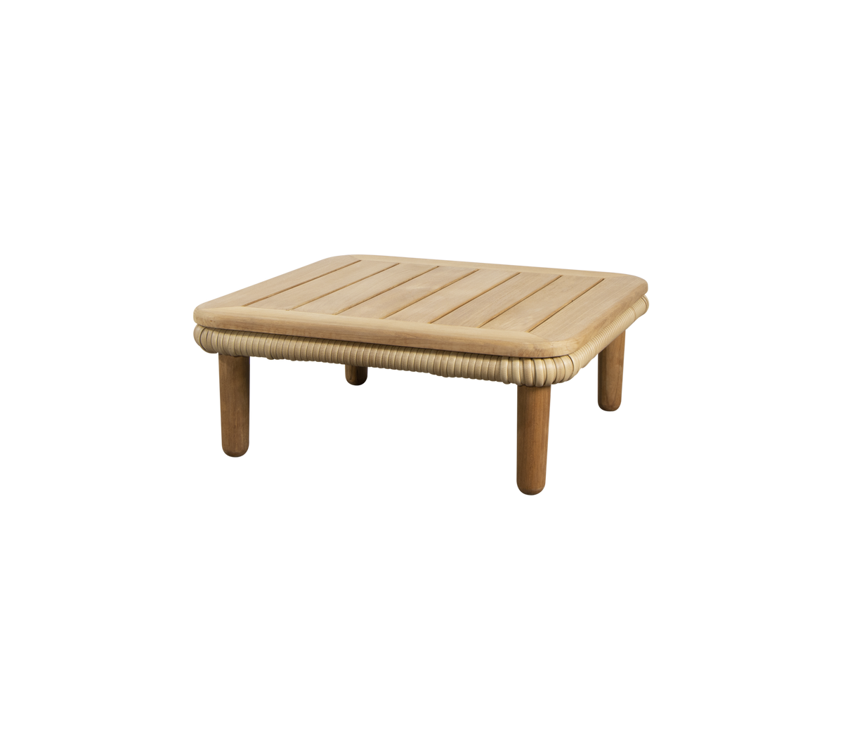 Una mesa simple y cuadrada con una tapa de listones y bordes redondeados, soportada por cuatro patas robustas. Perfecta para diversas configuraciones.