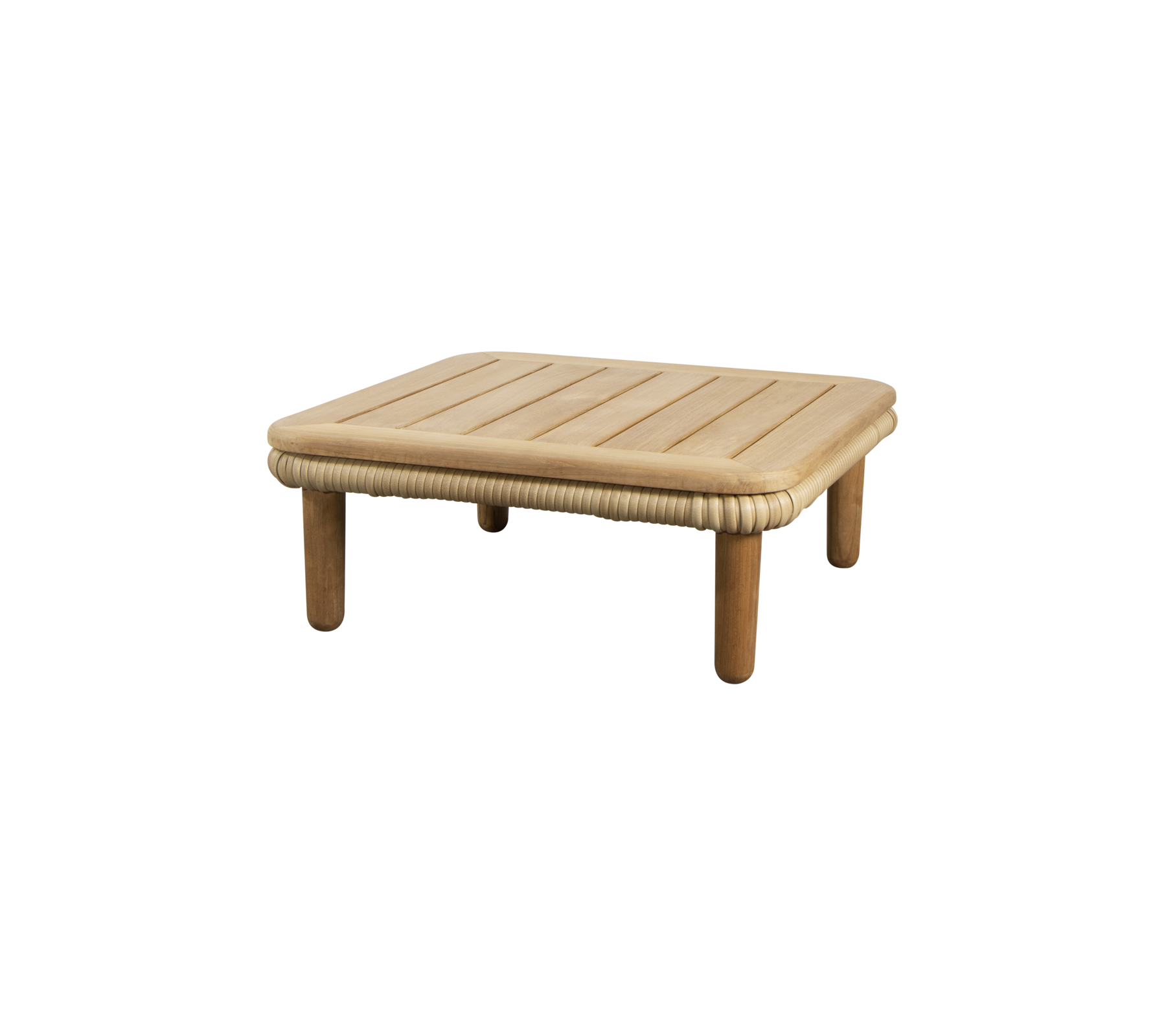 Una mesa simple y cuadrada con una tapa de listones y bordes redondeados, soportada por cuatro patas robustas. Perfecta para diversas configuraciones.