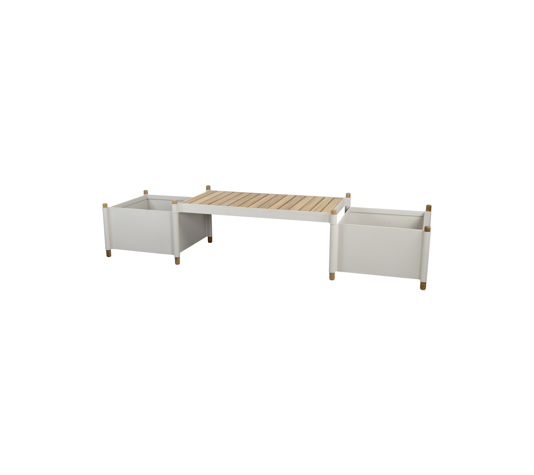 una mesa de almacenamiento moderna con dos contenedores blancos y una parte superior de listones de madera, diseñada para una organización del hogar versátil.