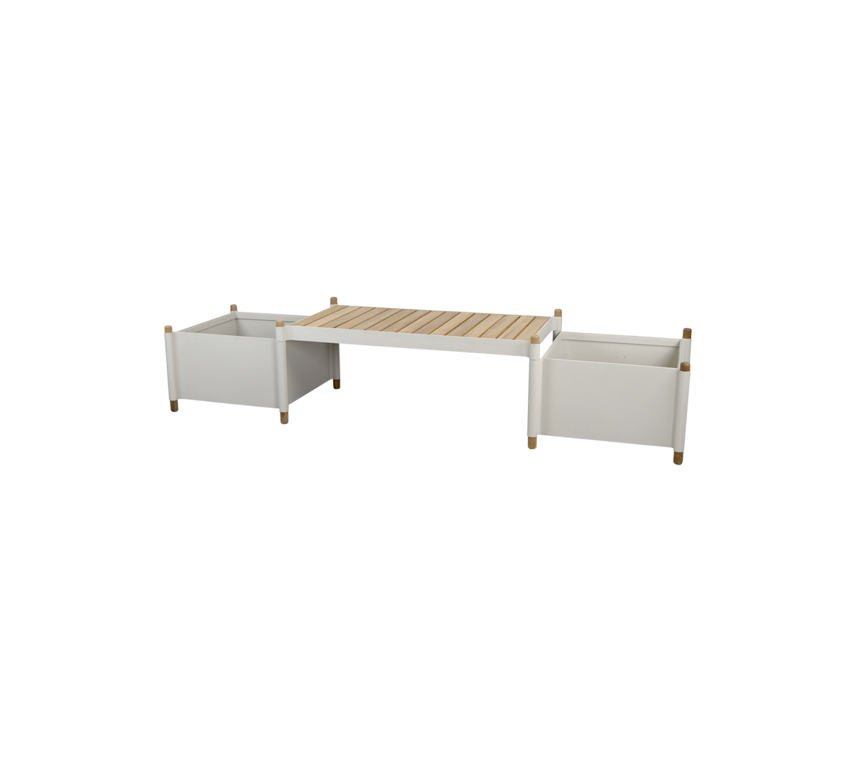 una mesa de almacenamiento moderna con dos contenedores blancos y una parte superior de listones de madera, diseñada para una organización del hogar versátil.