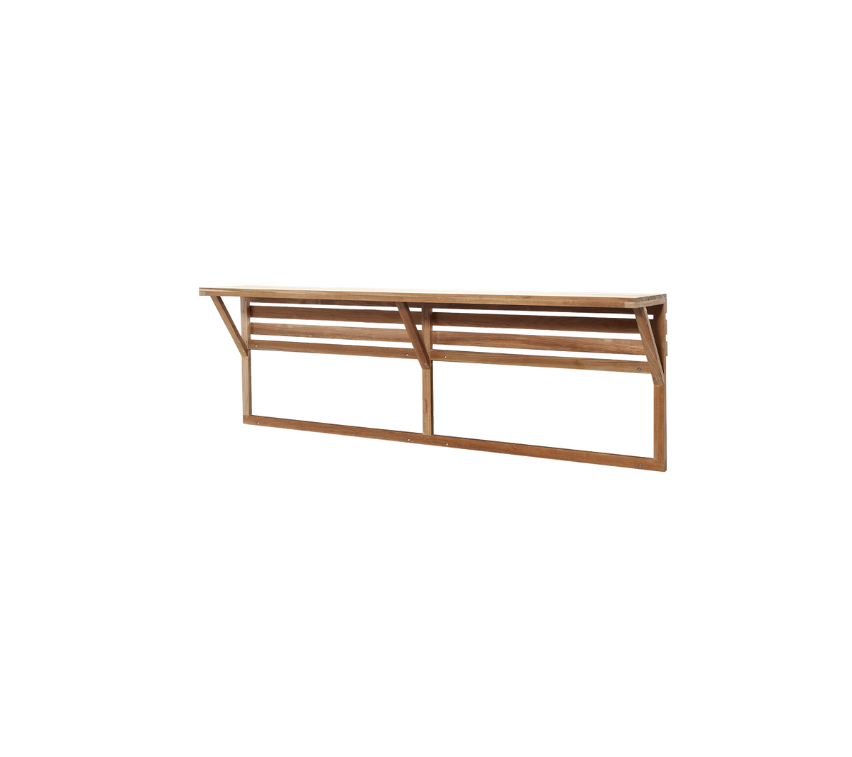 Una estantería de madera elegante con un diseño de listones, que cuenta con resistentes soportes laterales para mayor estabilidad, ideal para diversas aplicaciones.