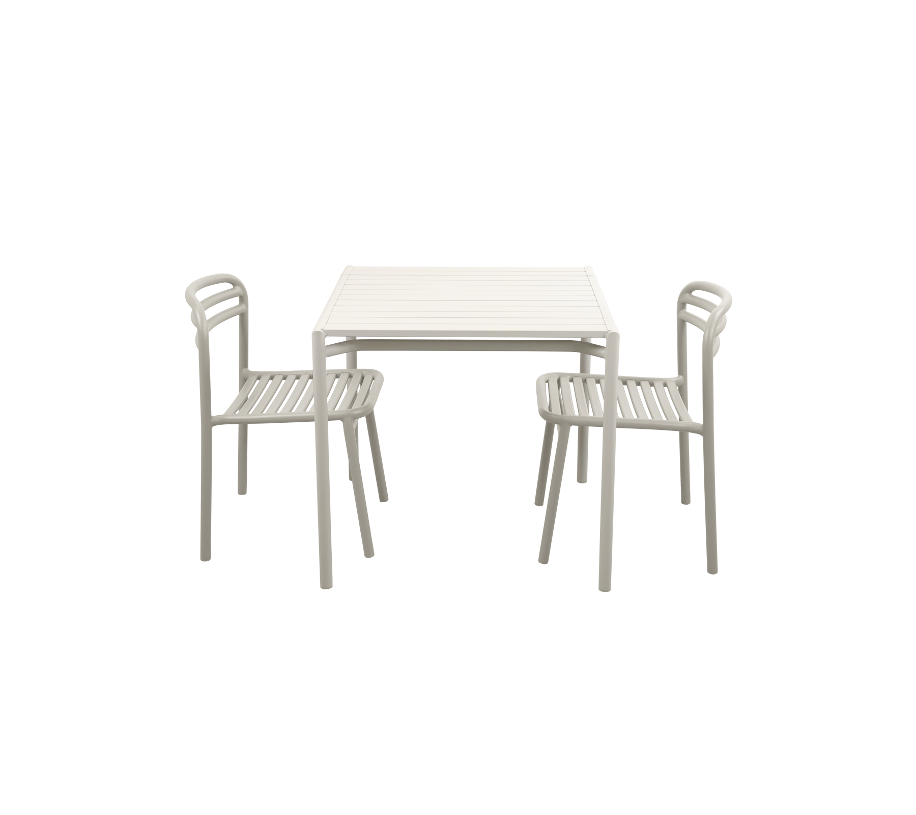 Mesa minimalista con dos sillas a juego, con un diseño sencillo y un acabado de color claro.