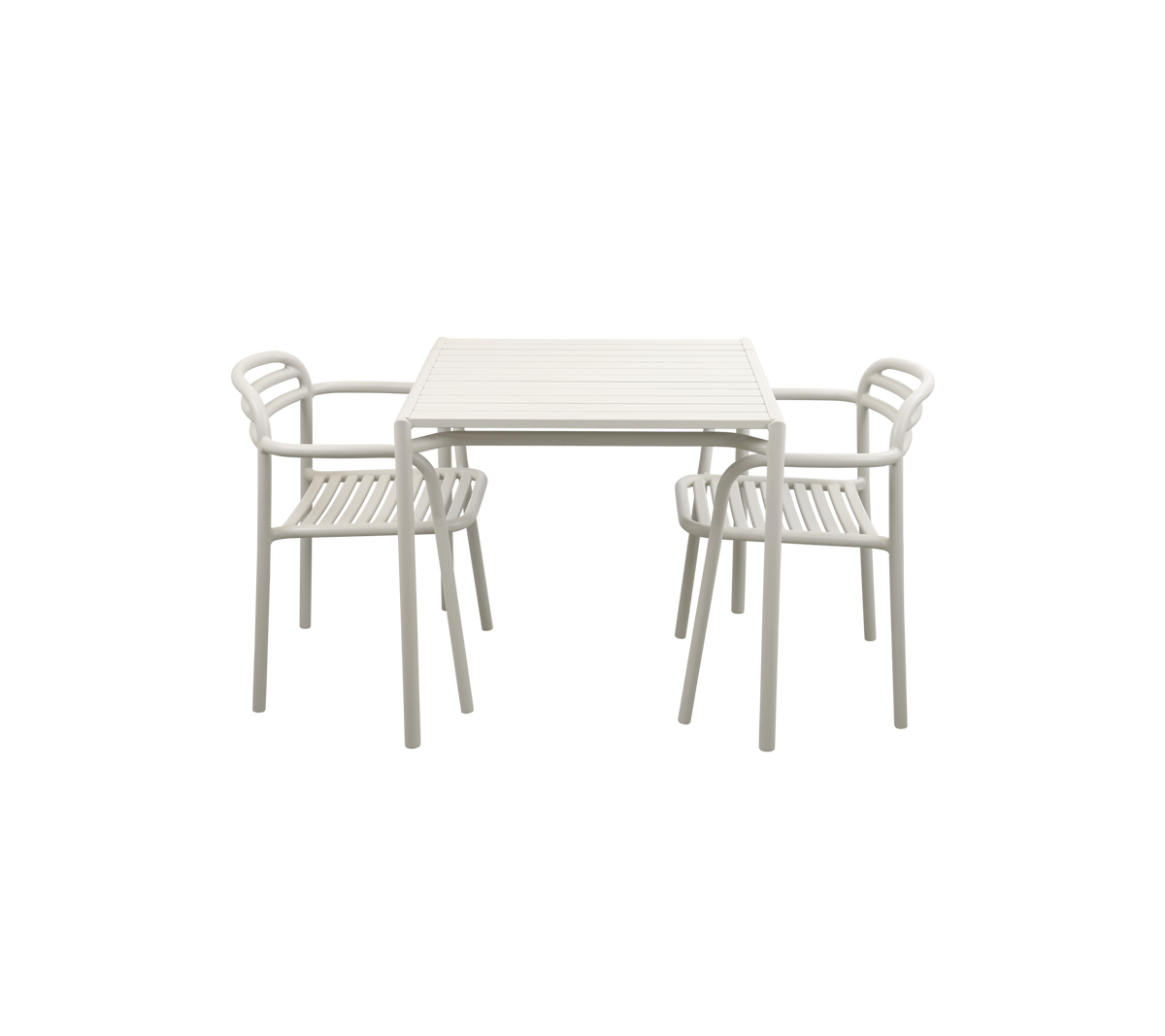 Una mesa de color claro con dos sillas a juego, que presenta un diseño elegante adecuado para comidas informales o reuniones.