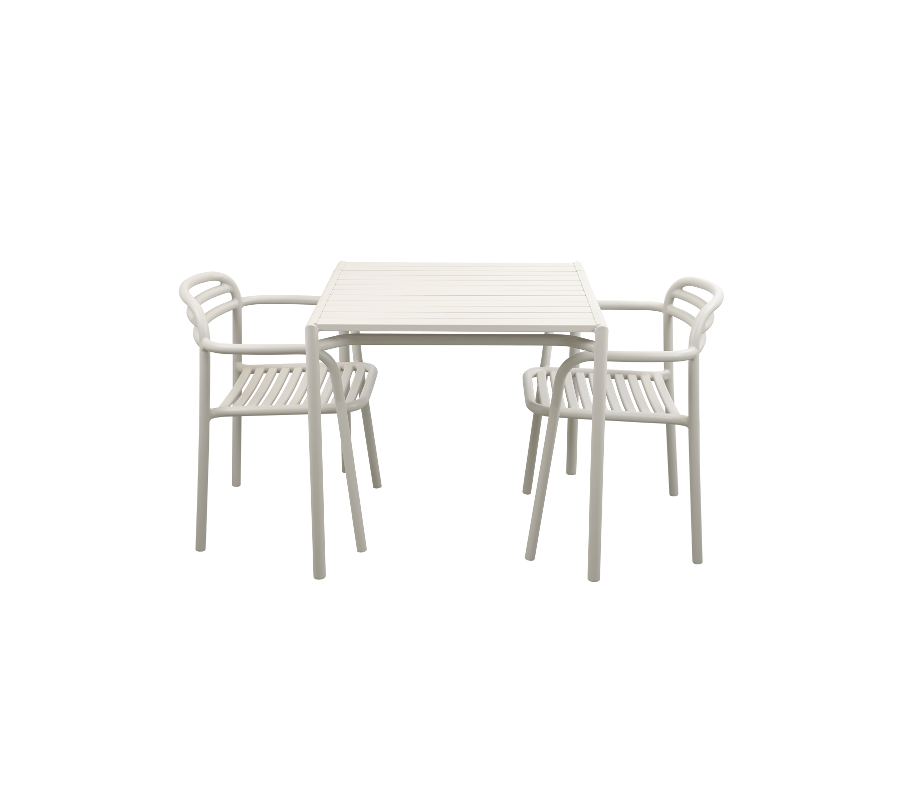 Una mesa de color claro con dos sillas a juego, que presenta un diseño elegante adecuado para comidas informales o reuniones.