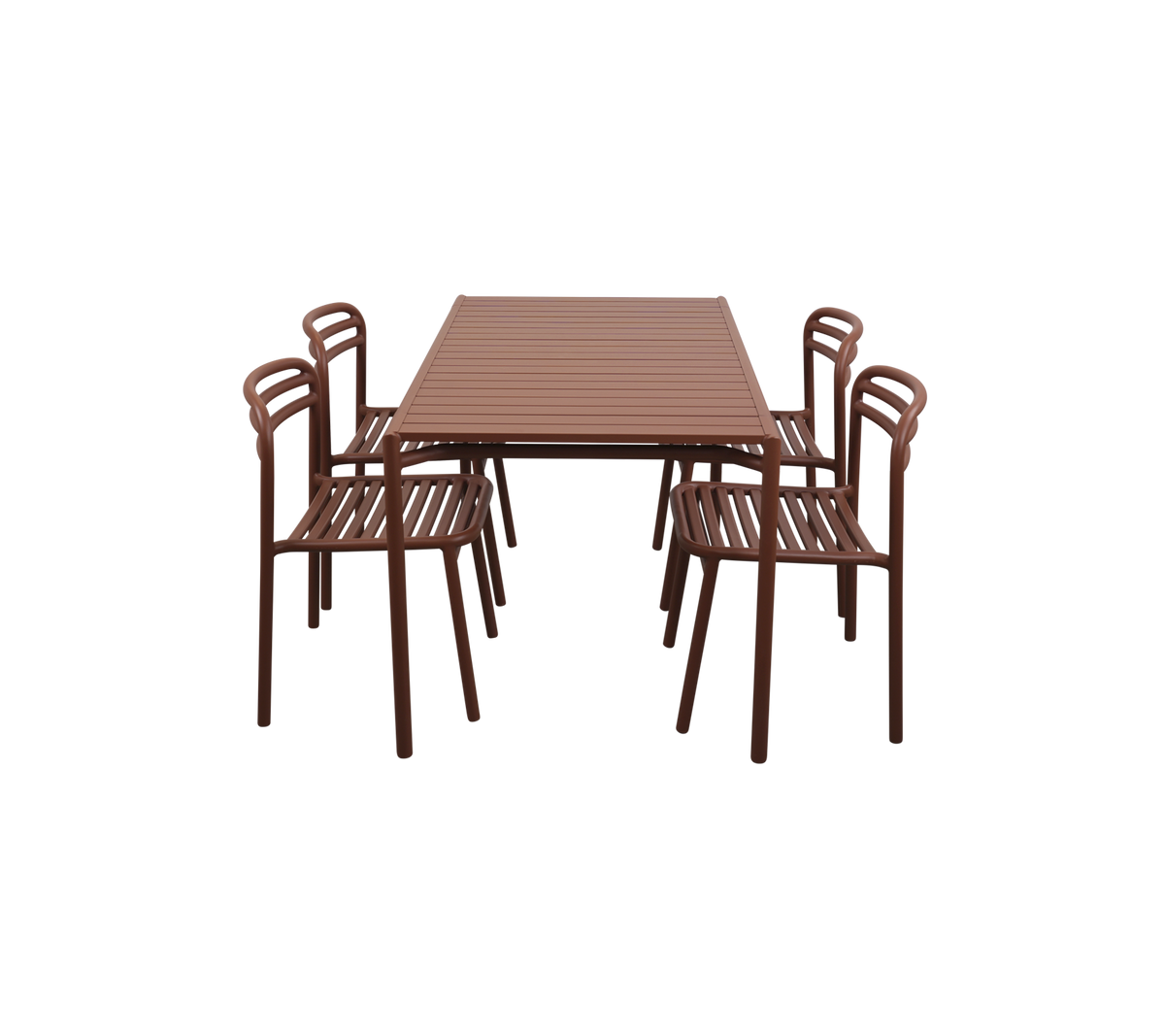 Mesa rectangular con seis sillas a juego, todas con un diseño elegante en marrón y superficies ranuradas. Ideal para cenas o reuniones.