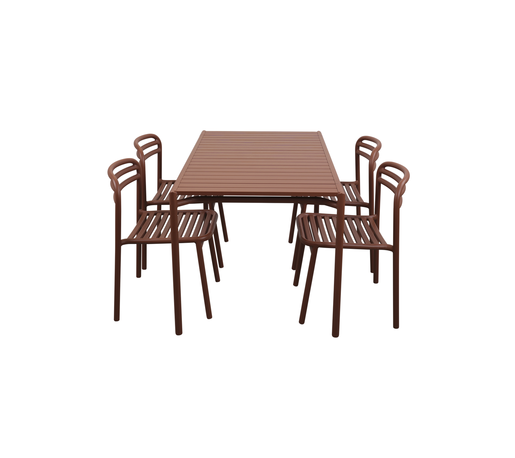 Mesa rectangular con seis sillas a juego, todas con un diseño elegante en marrón y superficies ranuradas. Ideal para cenas o reuniones.