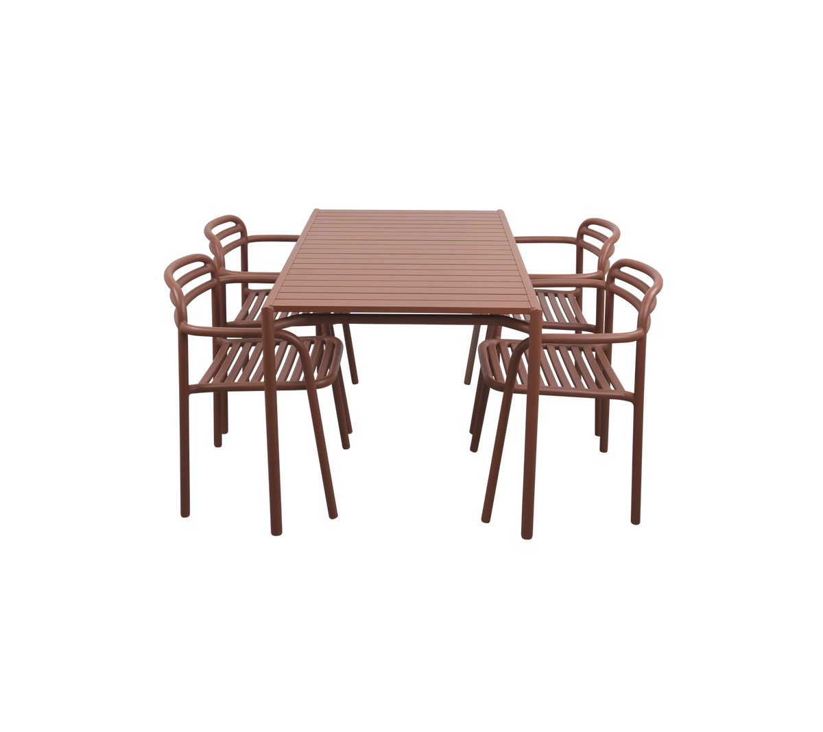 Mesa de comedor rectangular marrón rodeada de seis sillas a juego, con diseños en listones para una estética moderna.