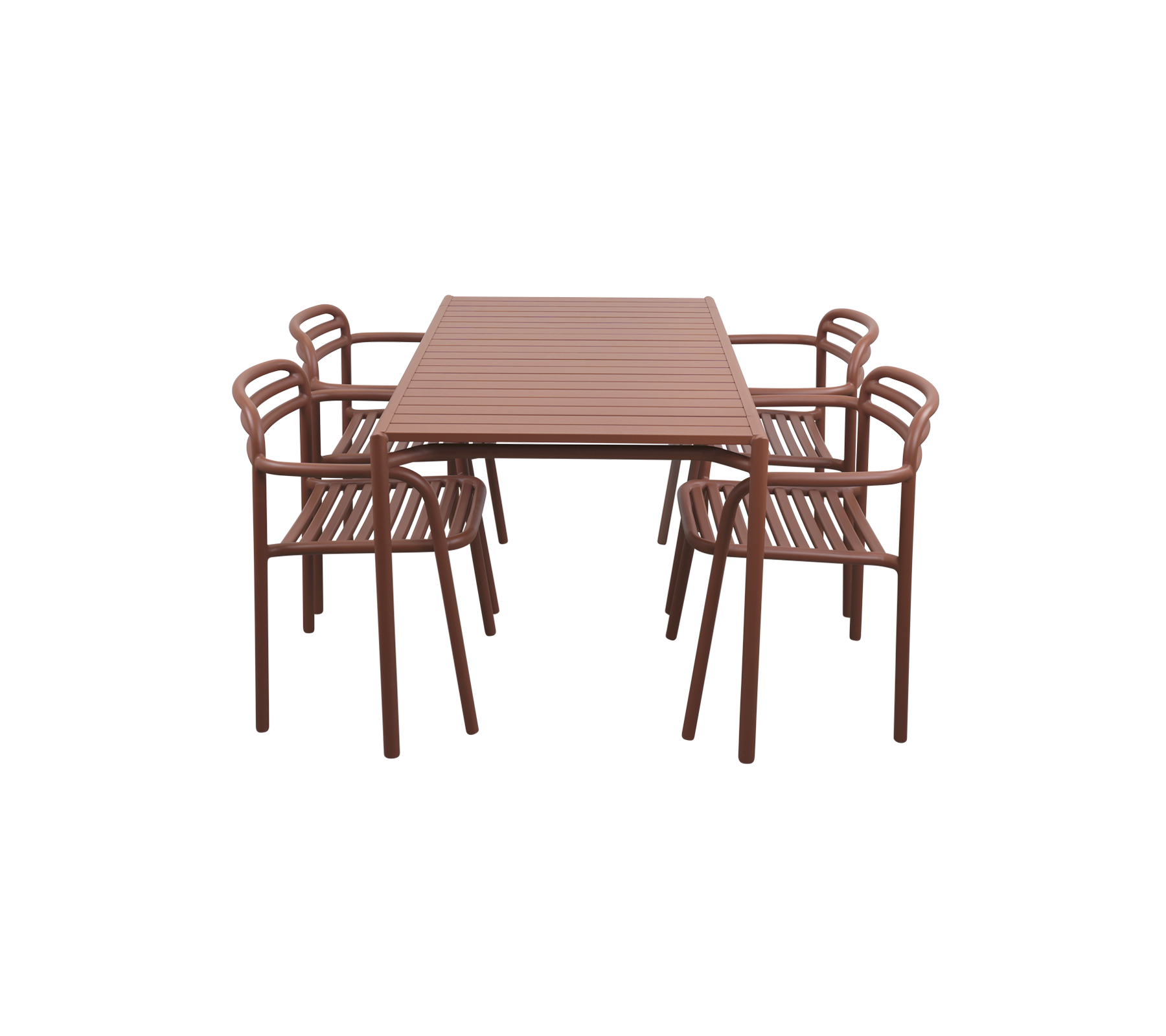 Mesa de comedor rectangular marrón rodeada de seis sillas a juego, con diseños en listones para una estética moderna.