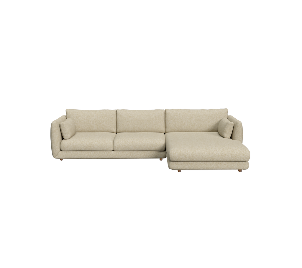 Sofá moderno marrón claro con diseño de chaise lounge.