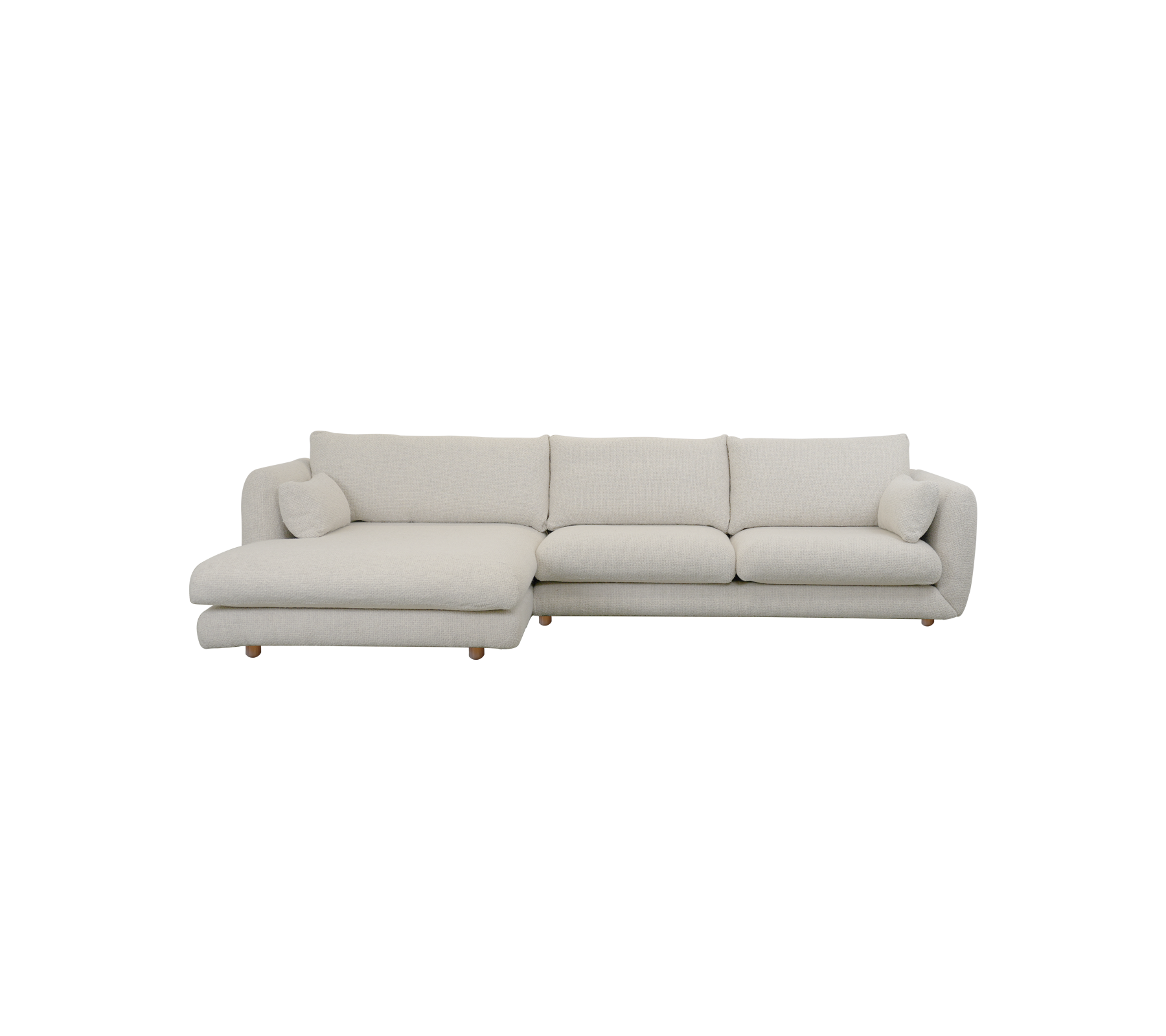 Sofá moderno color arena con diseño de chaise longue.