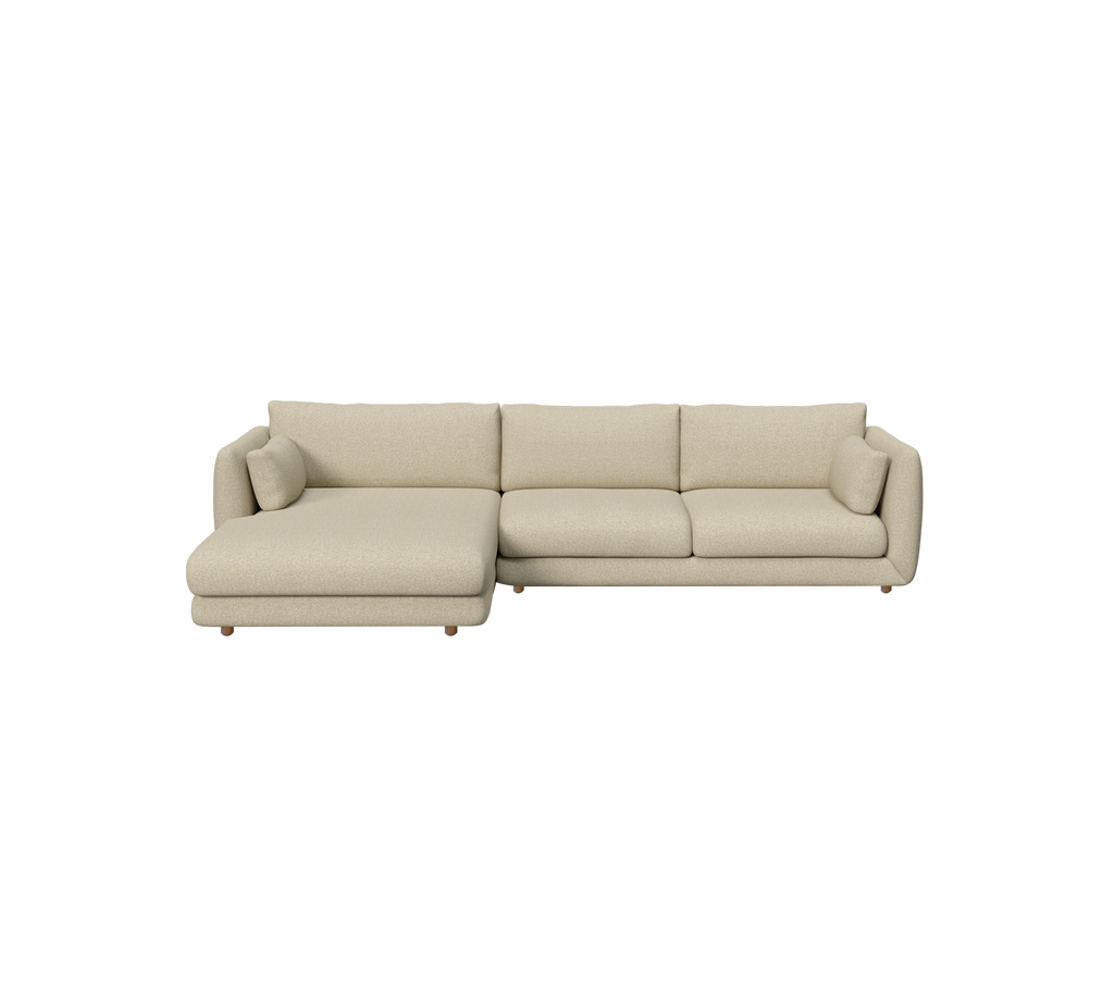 Sofá moderno marrón claro con un diseño de chaise longue.