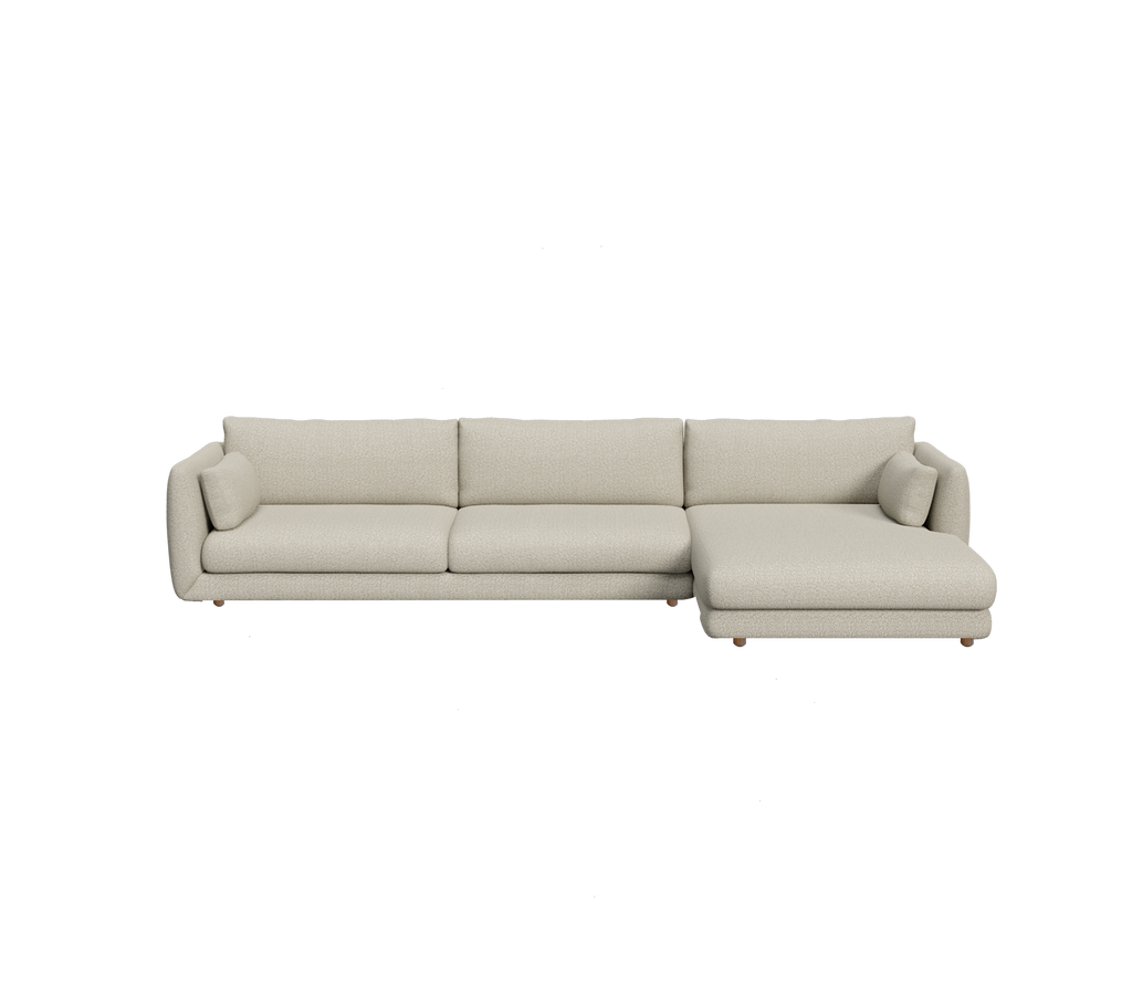 Sofá moderno marrón claro con un diseño de chaise longue.