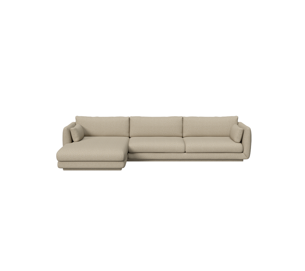 Sofá seccional beige con un diseño moderno y elegante.