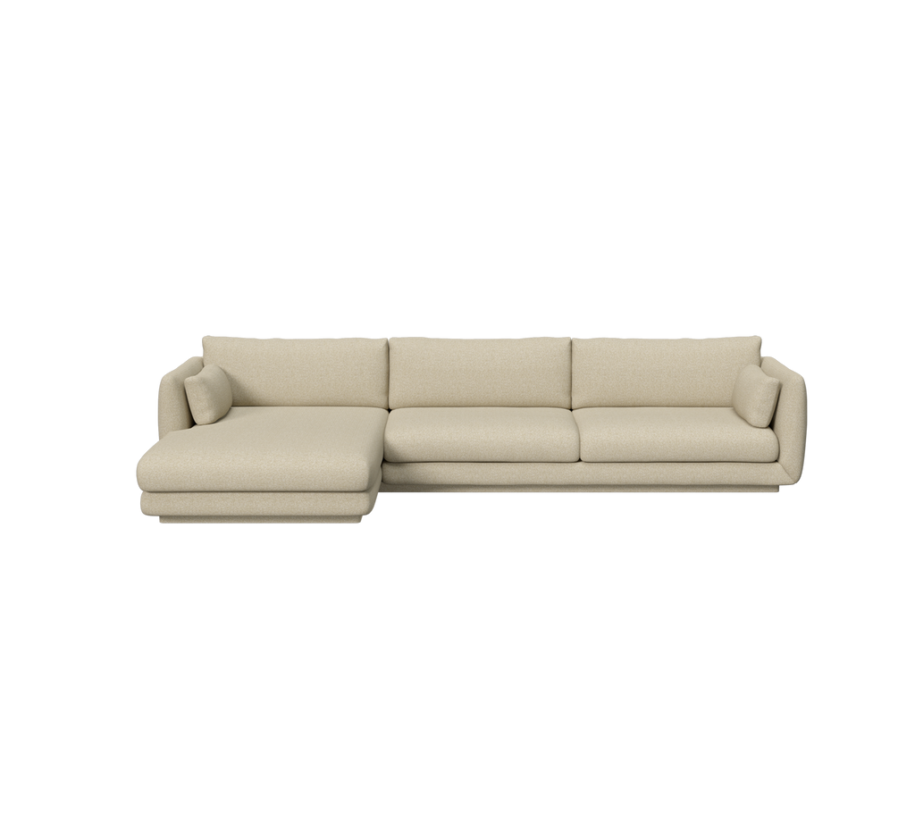 Sofá moderno de color marrón claro con diseño de chaise longue.