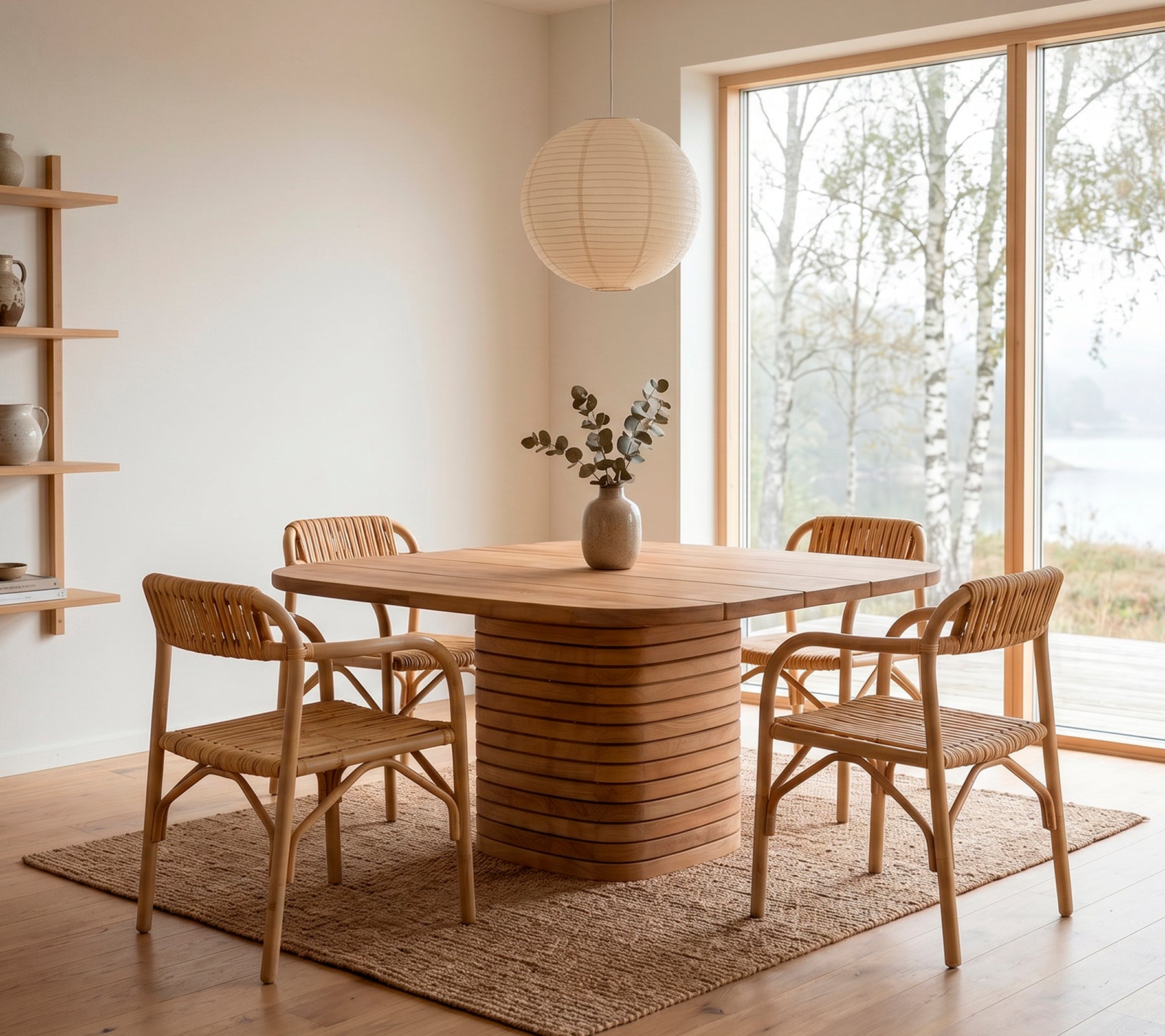 Mesa de comedor de madera minimalista con sillas de ratán y un jarrón de flores.
