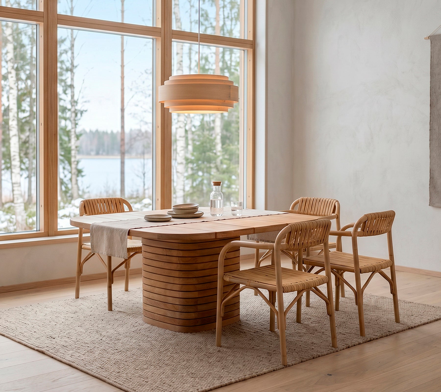 Mesa de comedor moderna de madera rodeada de sillas de ratán en un entorno escandinavo.