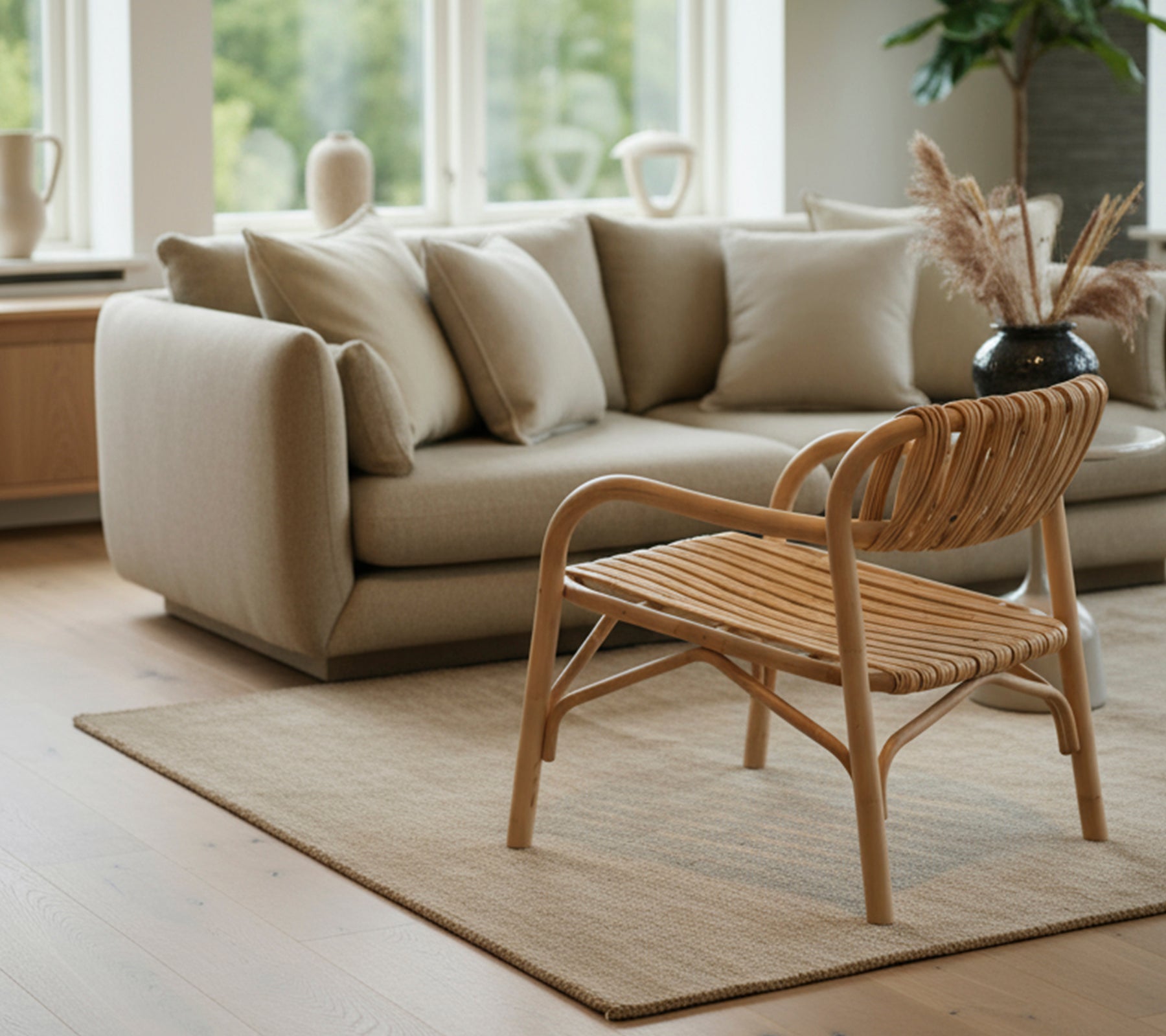 Sala moderna con un sofá beige y una silla tejida.