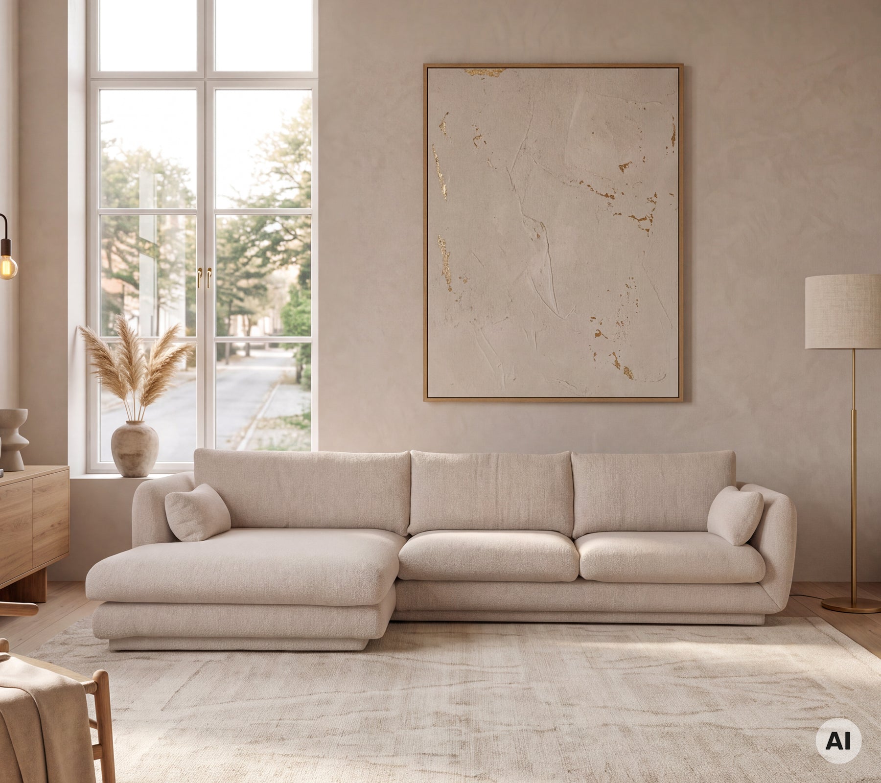 Sofá seccional beige claro combinado con una lámpara de pie en un entorno moderno de salón.