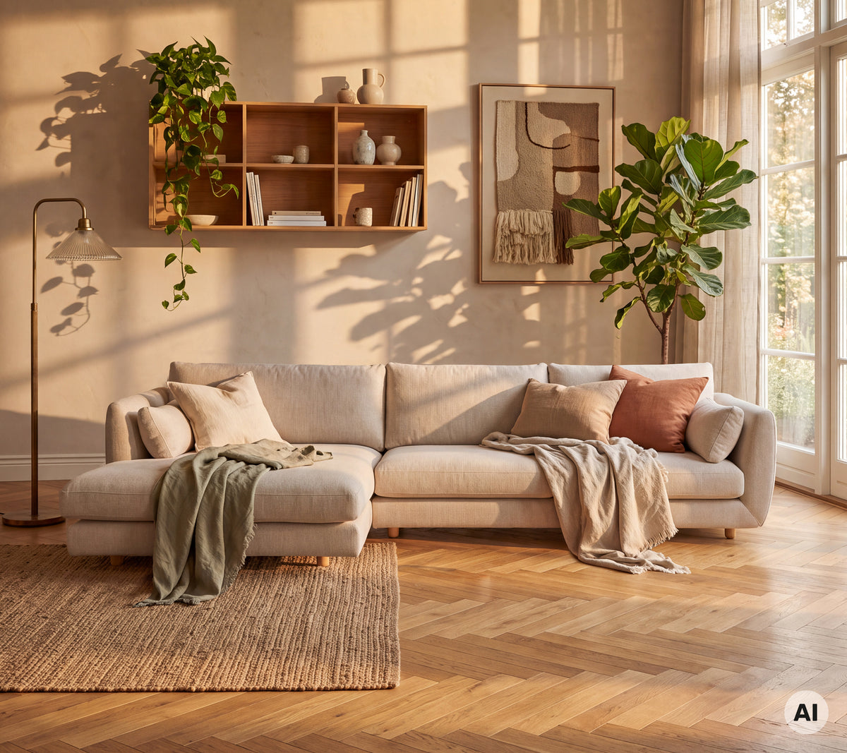 Sofá gris claro con cojines verdes y rosas en un ambiente moderno de salón.
