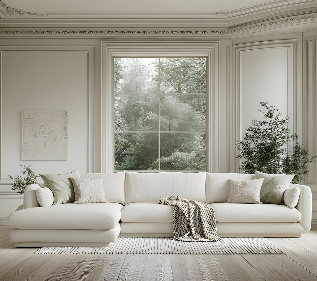 Sofá blanco moderno con cojines verdes y una manta gris en un ambiente de salón minimalista.