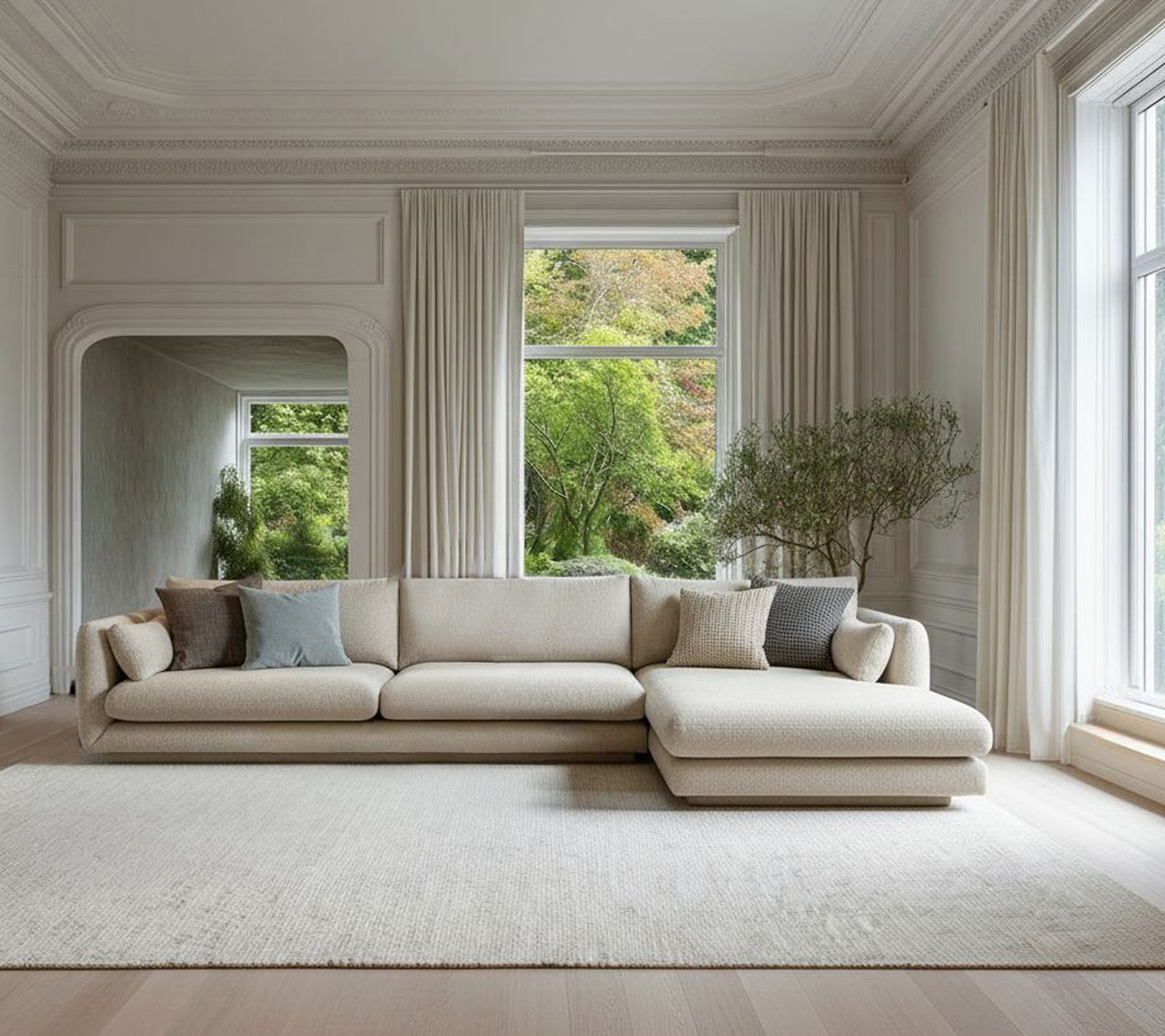 Sofá moderno beige con cojines grises en un ambiente de lounge minimalista.