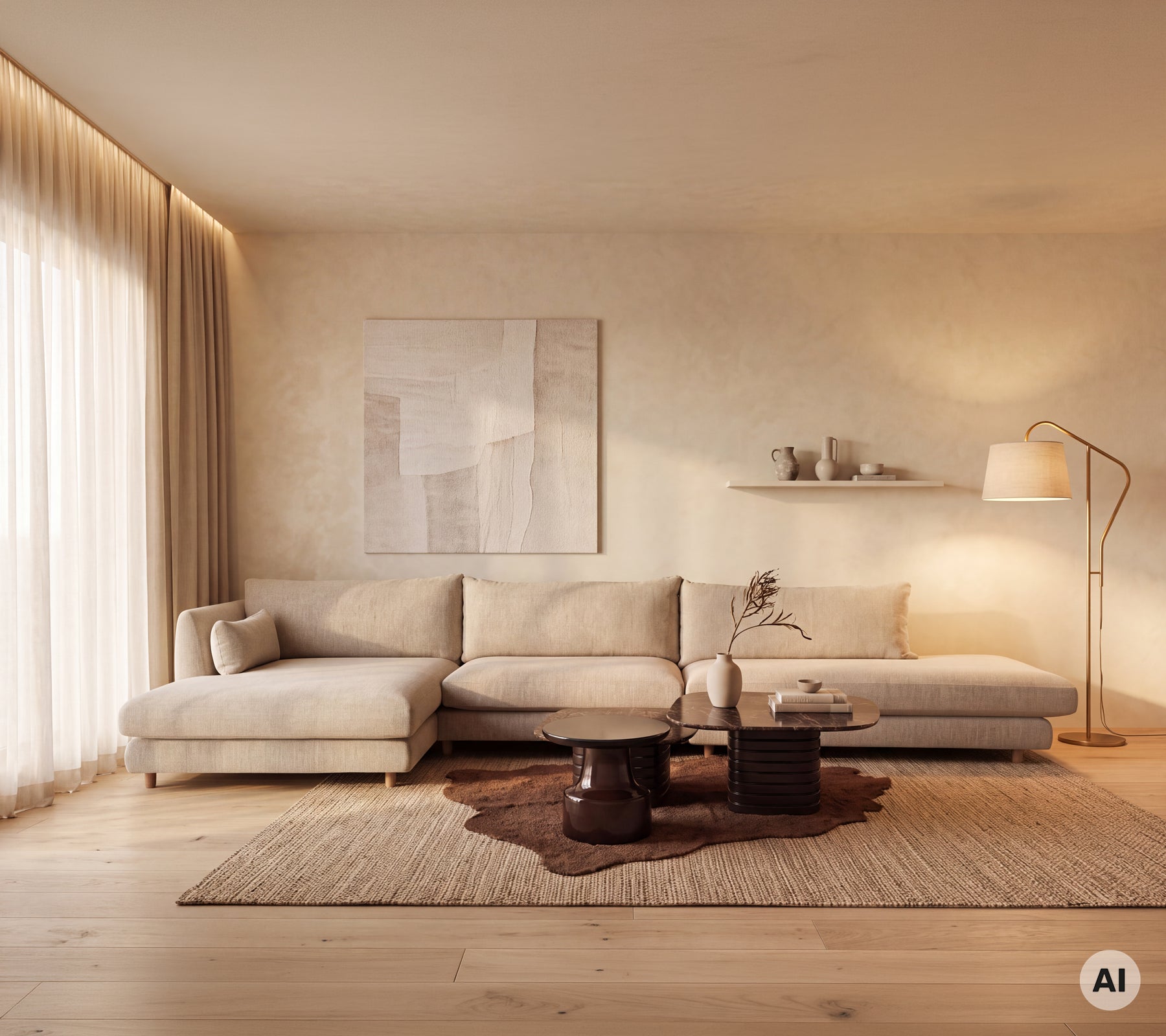 Sofá seccional beige con mesa de café de madera y una alfombra marrón en un salón minimalista.