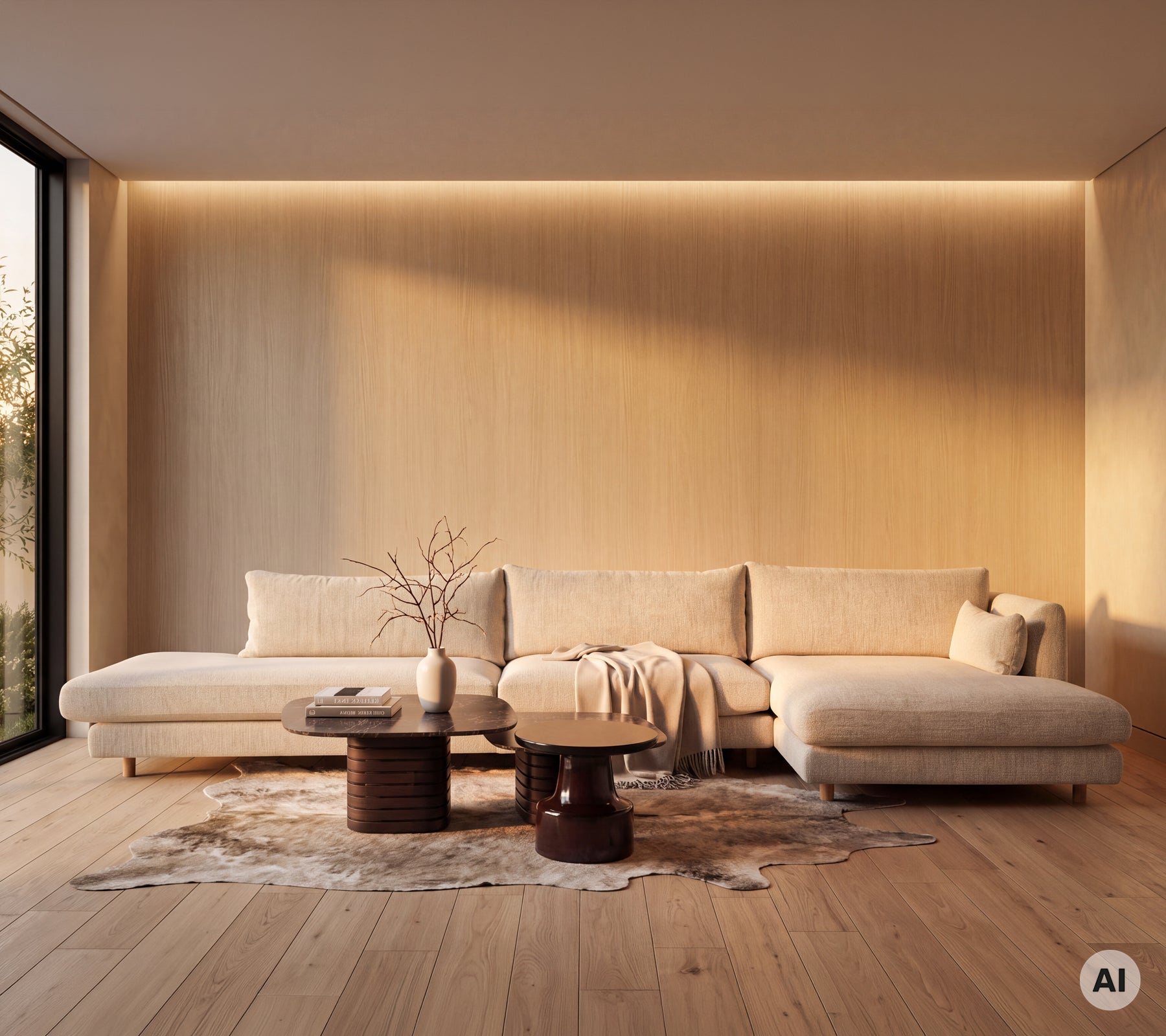 Salón moderno con un sofá beige, mesa redonda de madera y una alfombra blanca.