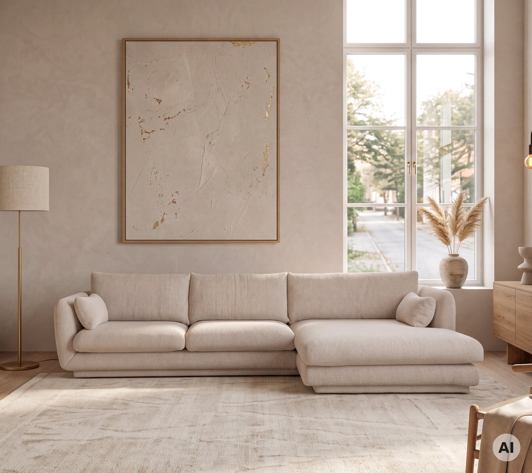 Sofá moderno beige en un entorno de salón minimalista con grandes ventanas.