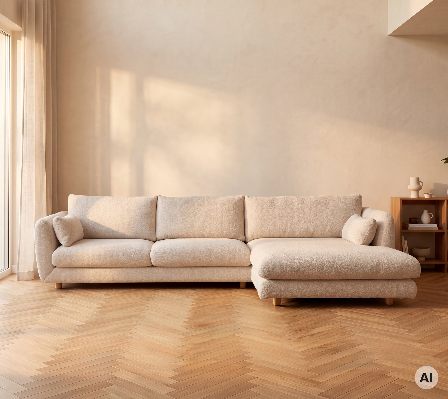 Sofá moderno beige situado en un entorno de salón minimalista con iluminación cálida.