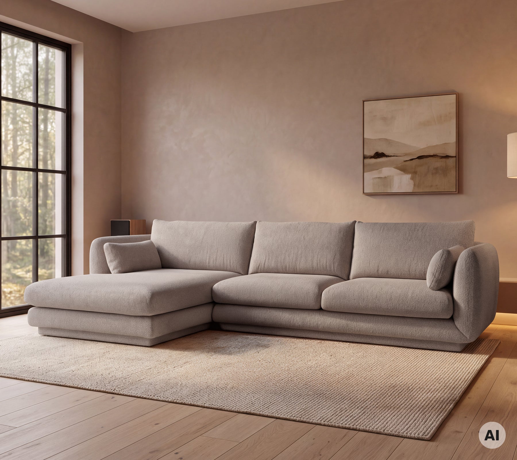 Sofá gris moderno en un ambiente de sala acogedor con una gran ventana.