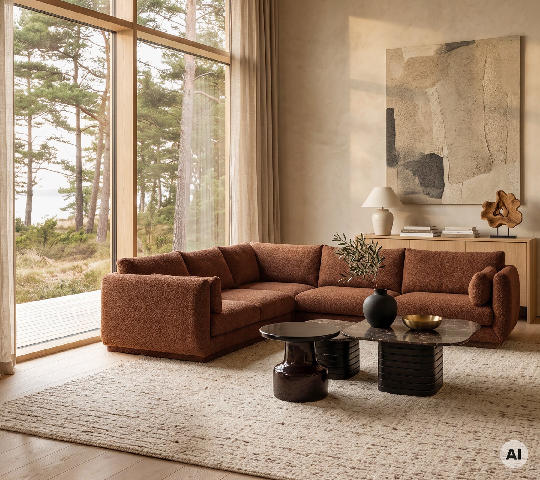 Sofá marrón moderno con una mesa de café negra y un jarrón decorativo en un salón minimalista.