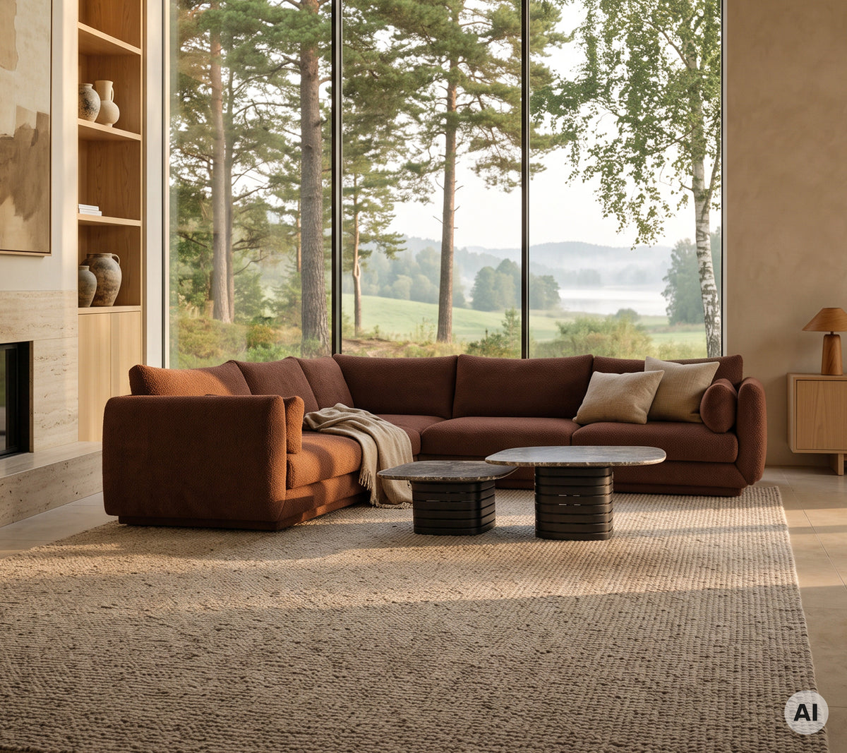 Área de salón moderna con un sofá marrón, almohada blanca, mesa de café redonda y mesas auxiliares negras.