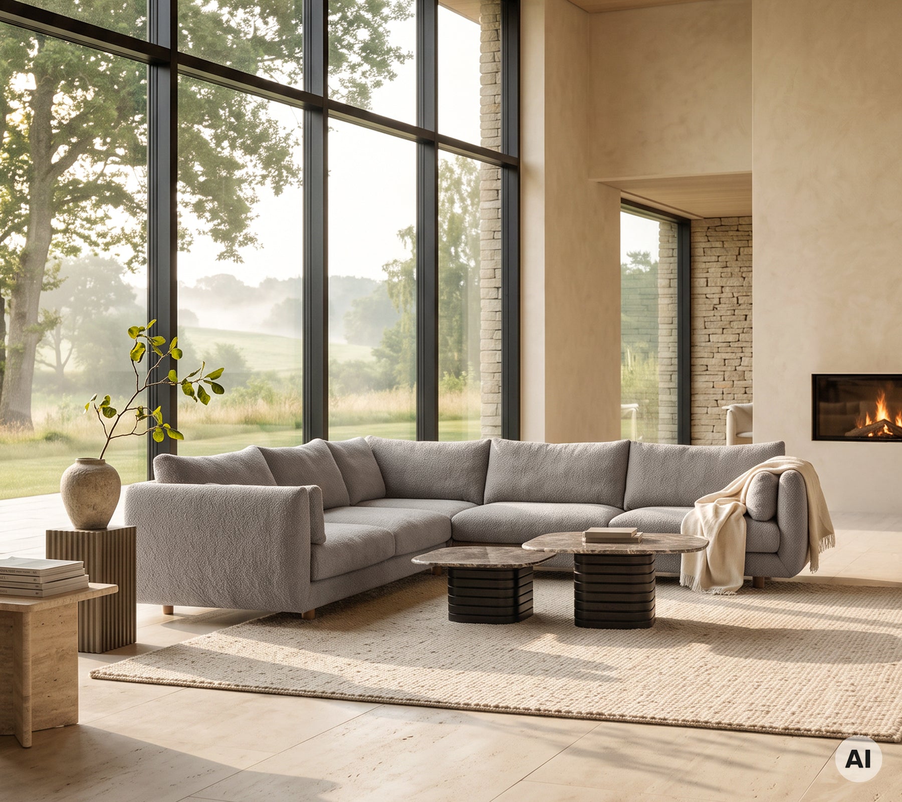 Sala moderna con un sofá sectional gris, mesa de café negra y alfombra beige.