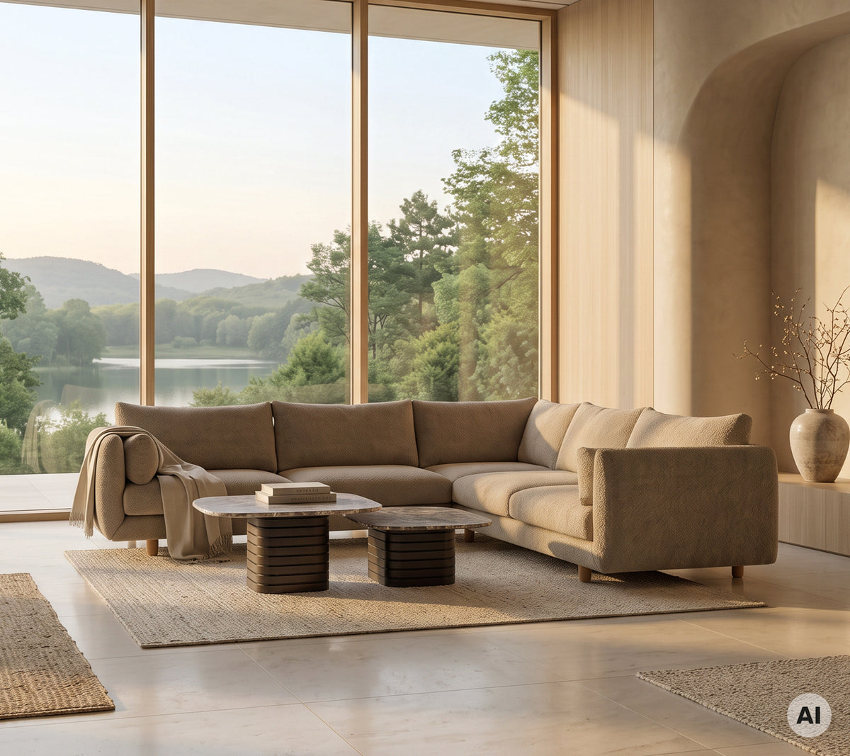 Sofá seccional beige con mesa de café de madera y una alfombra clara en un entorno de salón moderno.