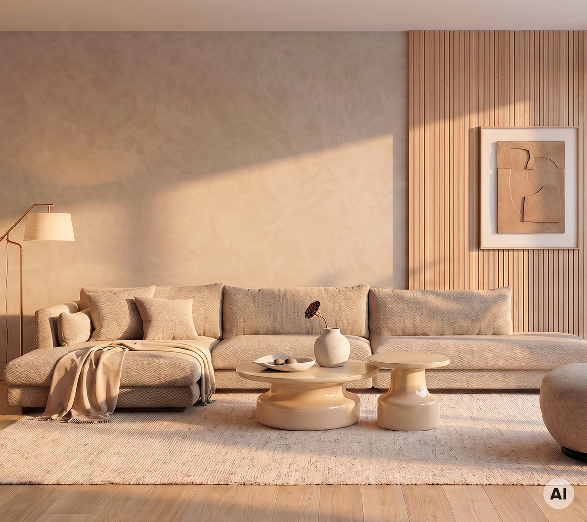 Sofá beige con cojines y una mesa baja redonda en un ambiente moderno de sala.