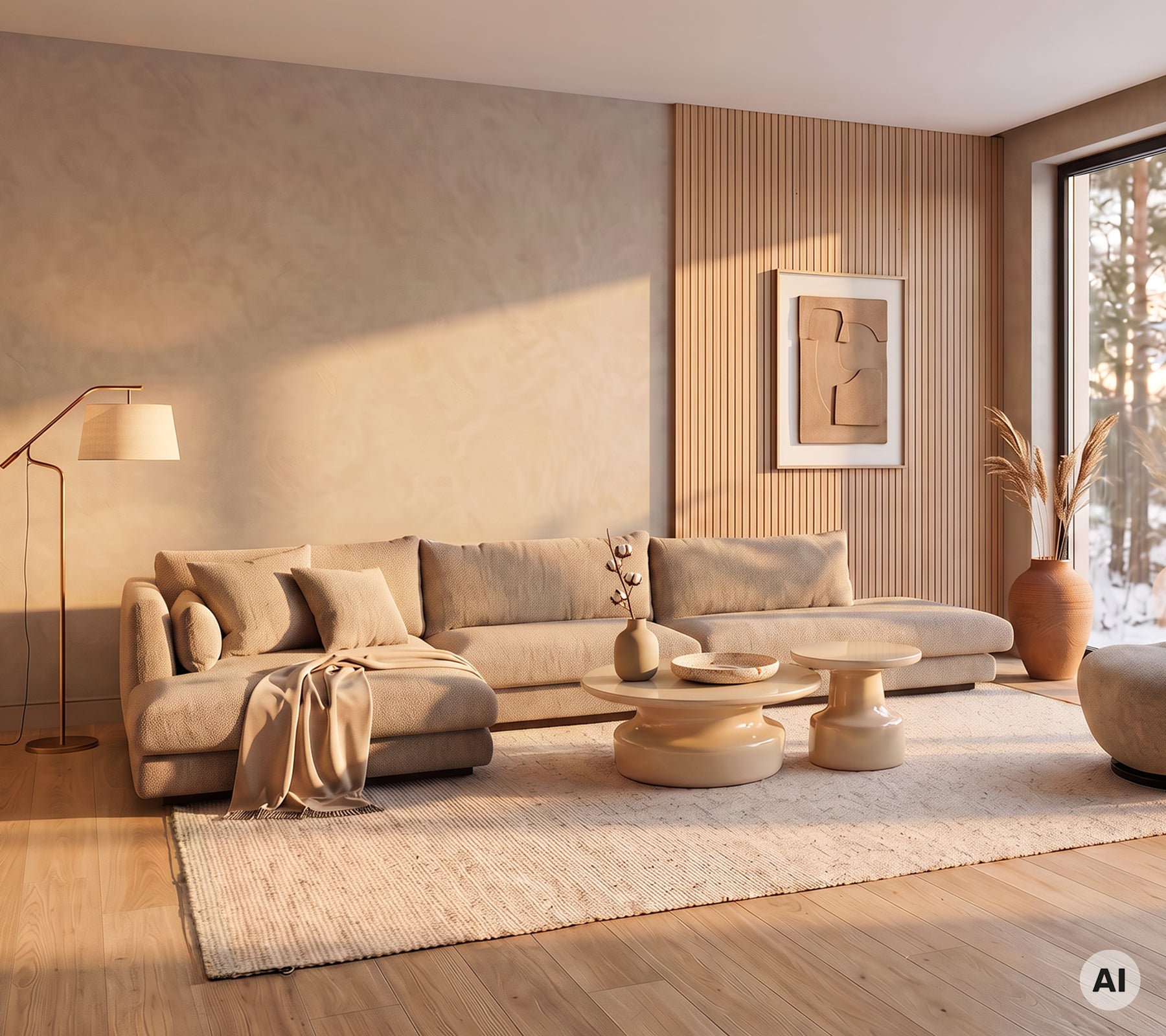 Sala moderna con un sofá beige, una alfombra beige claro, una mesa de café de madera y un pouf beige.