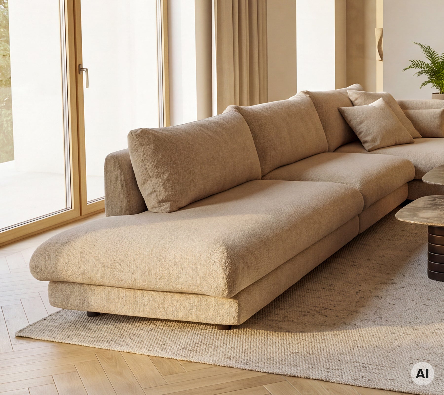 Módulo de sofá chaise longue beige con cojines en un ambiente de salón moderno.