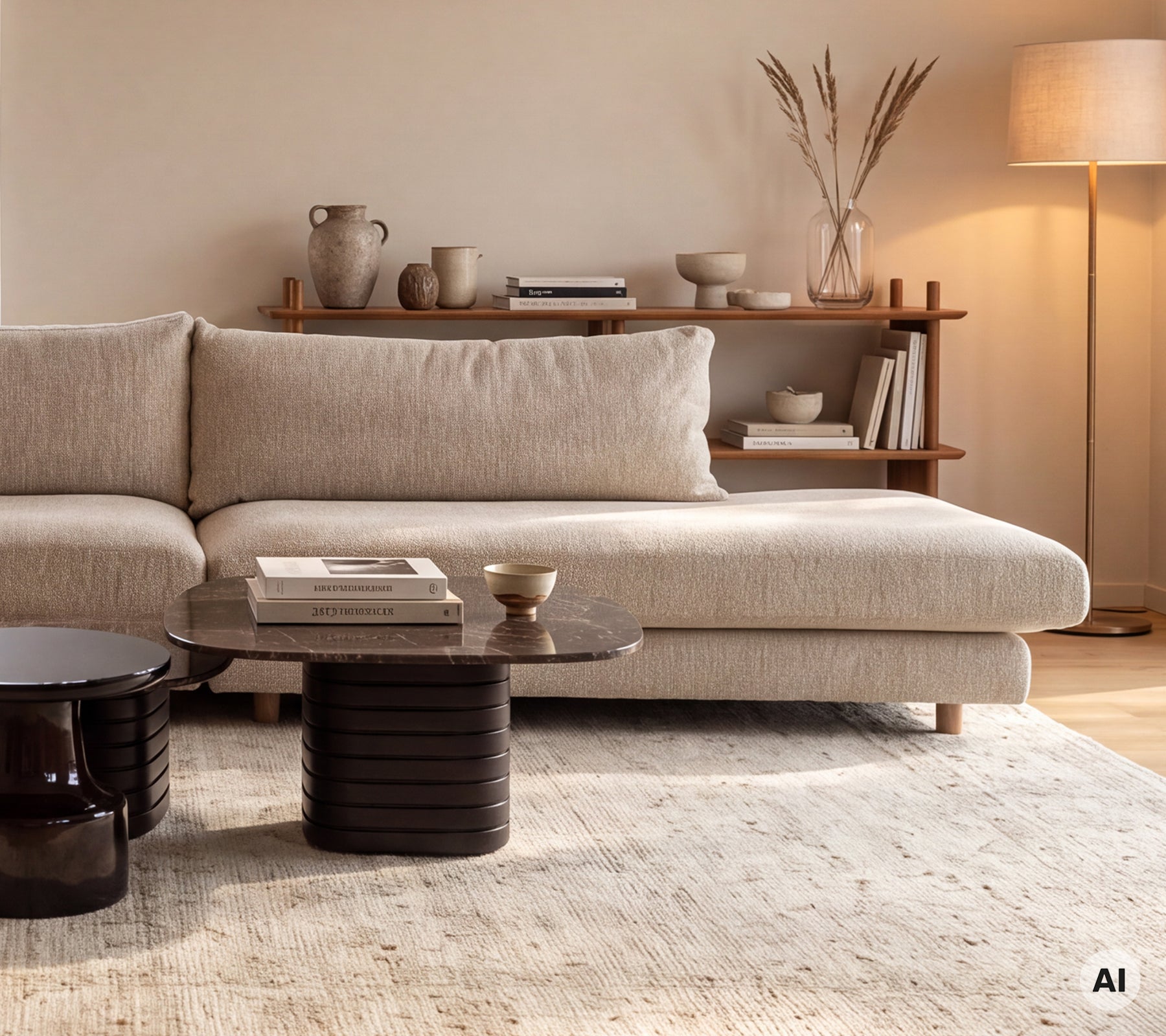 Sofá beige combinado con una mesa negra en un ambiente moderno de salón.