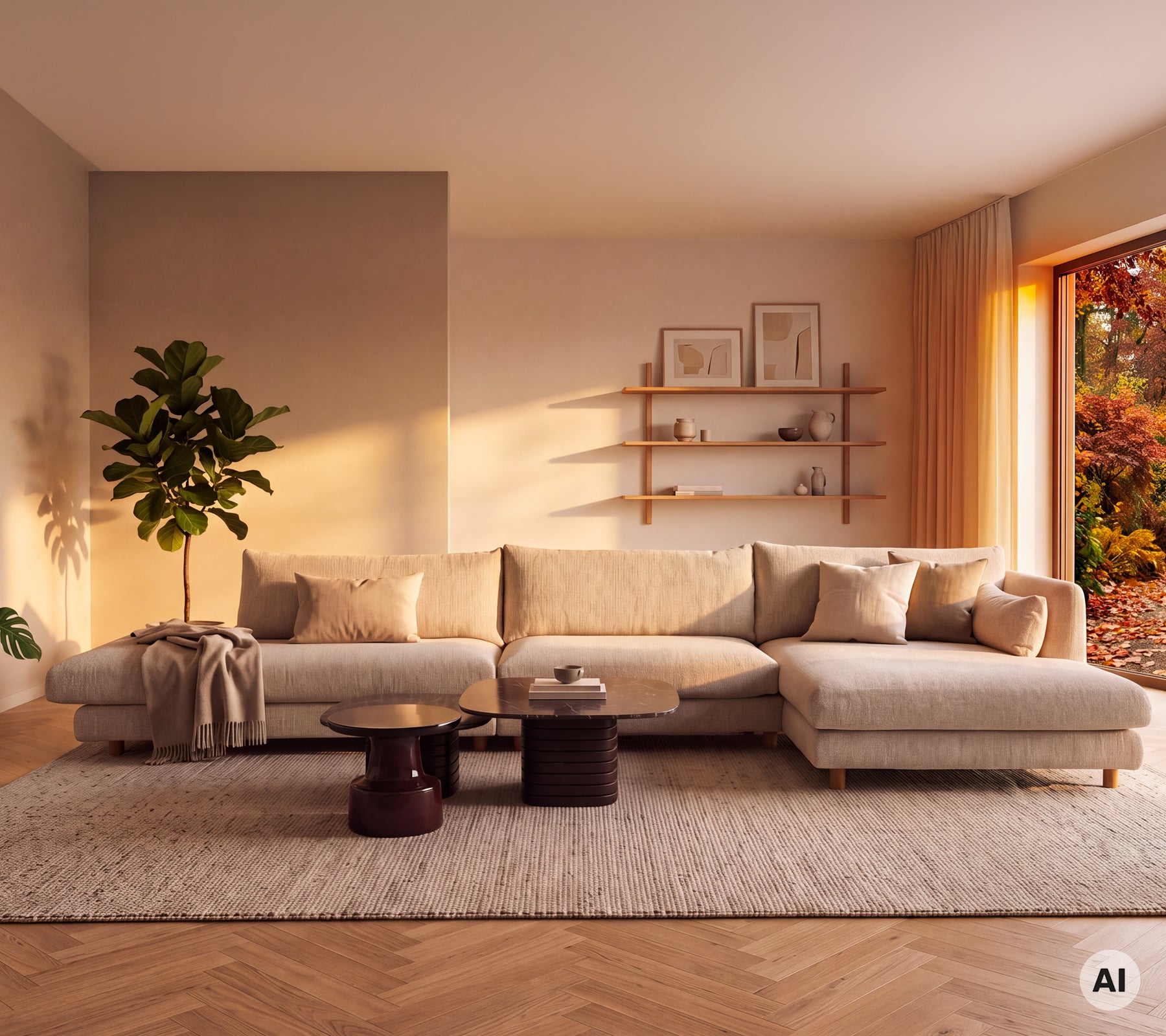 Sofá beige con una mesa redonda negra y una planta verde en un entorno de salón moderno.