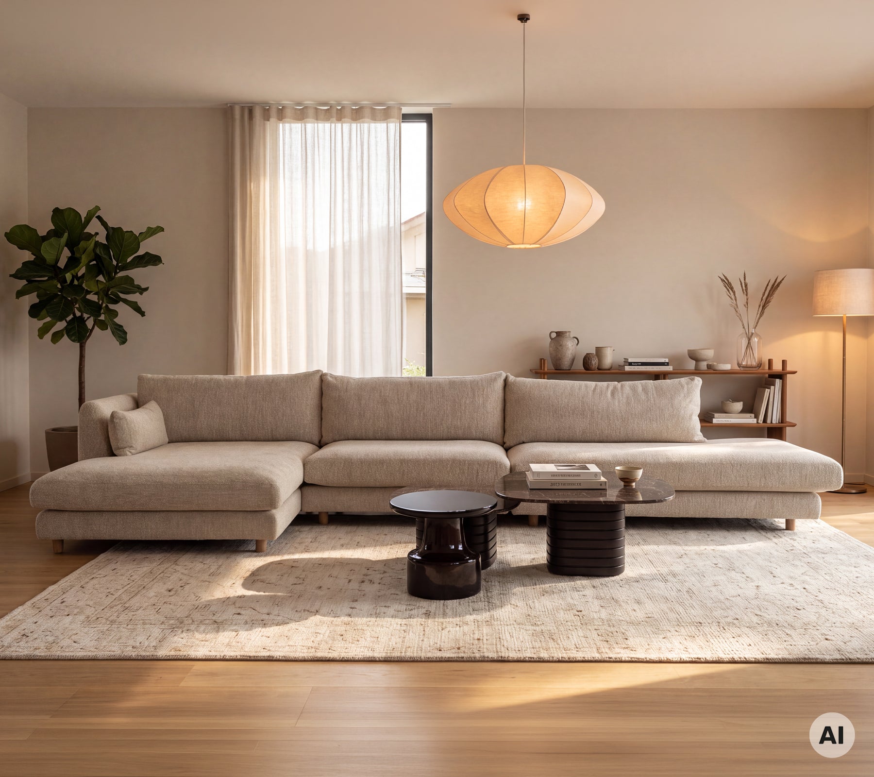 Sala moderna con un módulo de sofá claro y mesas laterales negras en un entorno minimalista.