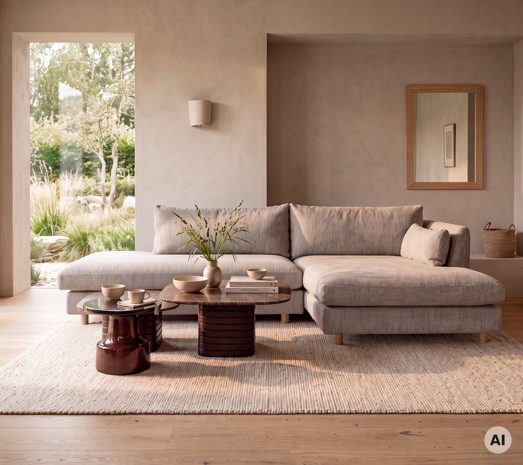 Sofá gris moderno con mesa de madera y jarrón blanco en un ambiente de salón minimalista.