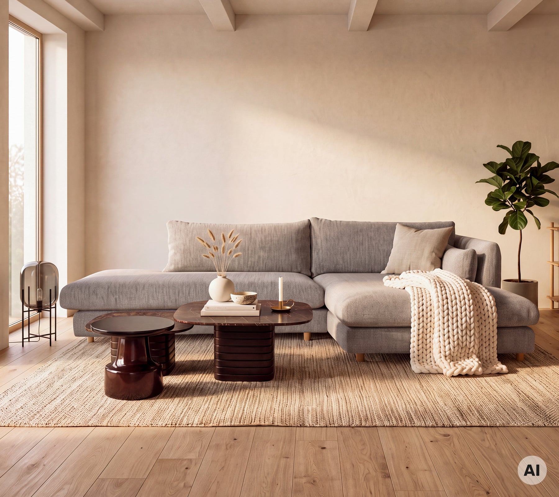 Sofá moderno gris en esquina con una mesa de café de madera y una manta crema en una sala de estar estilosa.