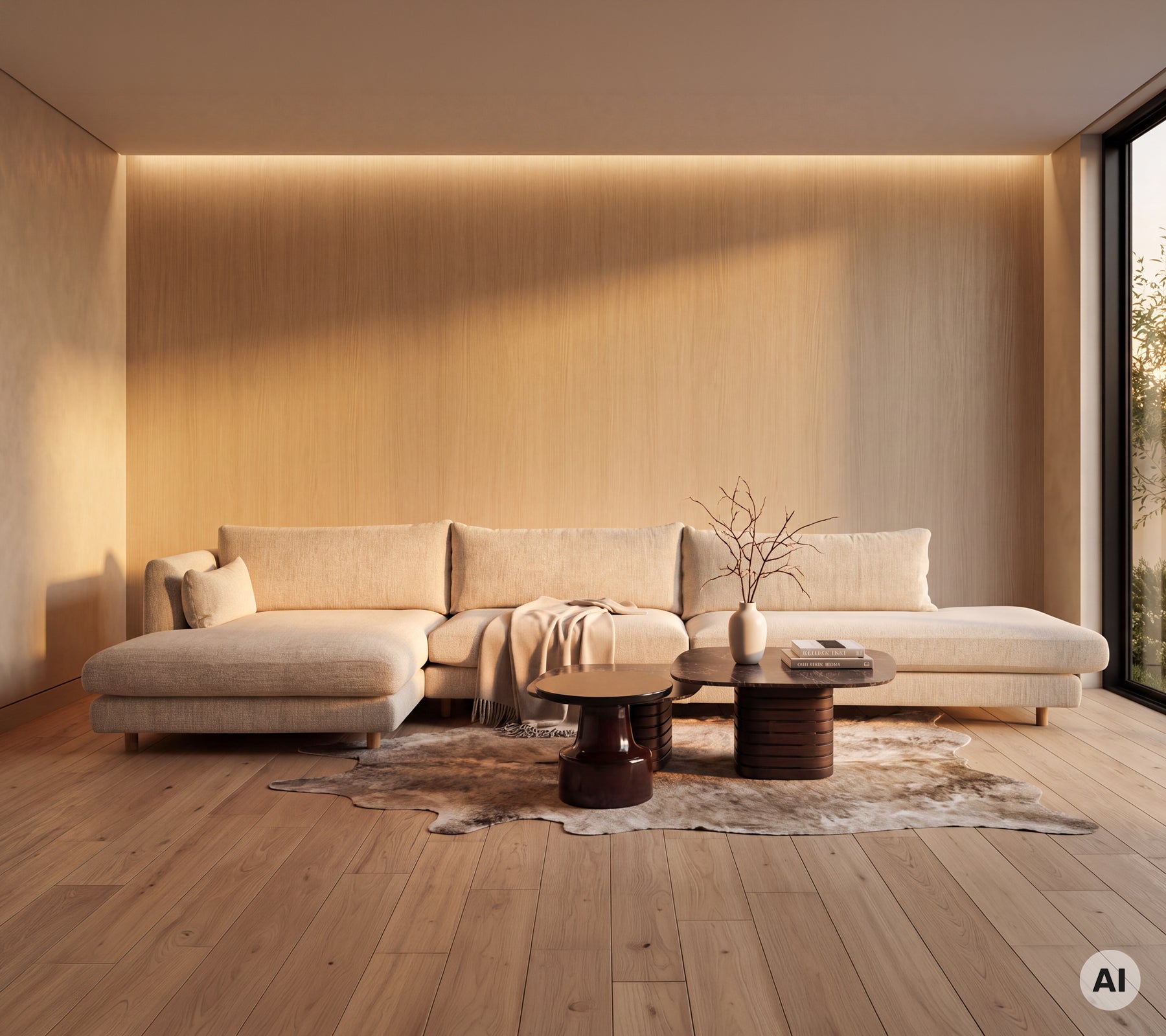 Área de descanso contemporánea con un sofá color crema y una mesa de café de madera sobre una alfombra.