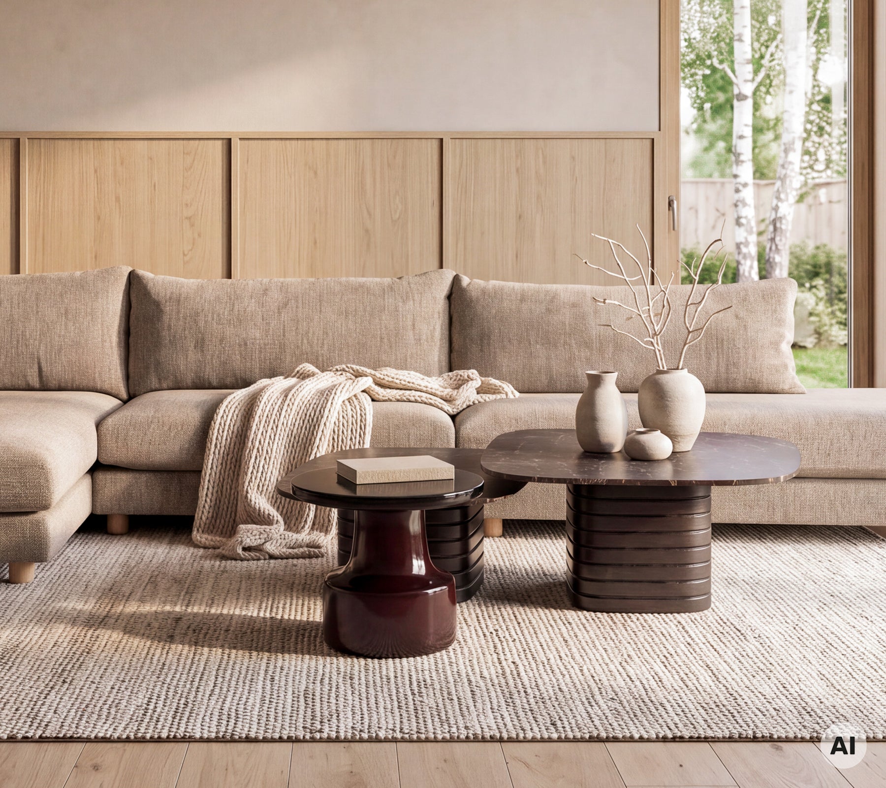 Área de lounge moderna con un sofá beige, mesas redondas marrones y rojas con jarrones decorativos.