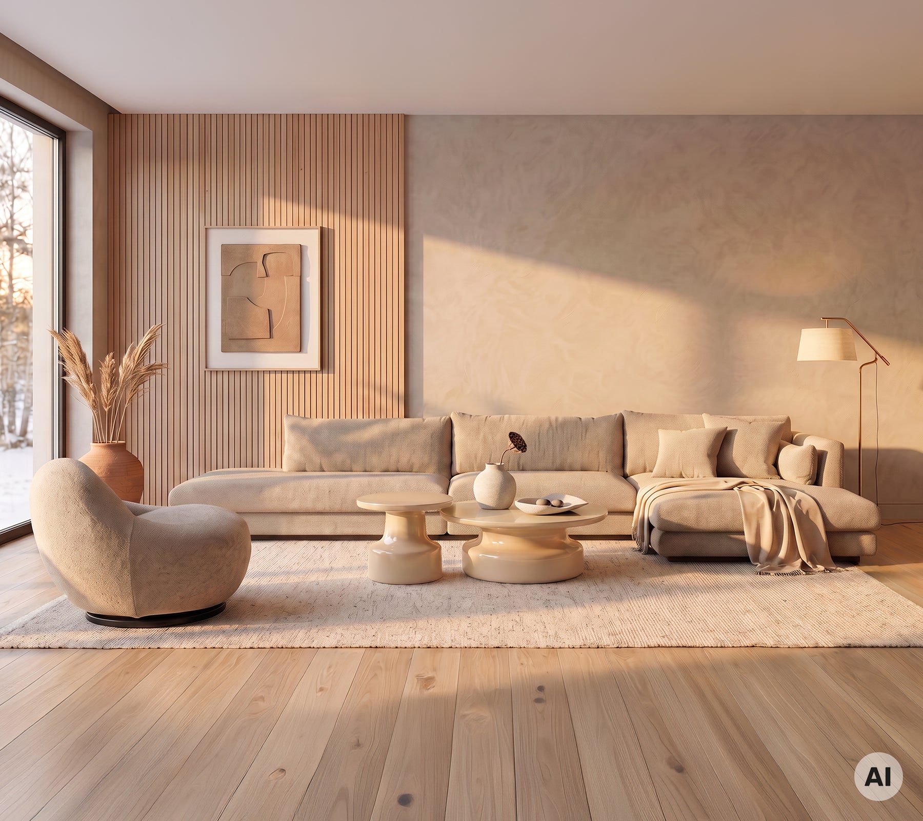 Sofá beige y chaise longue con mesa de café redonda en un ambiente moderno de salón.