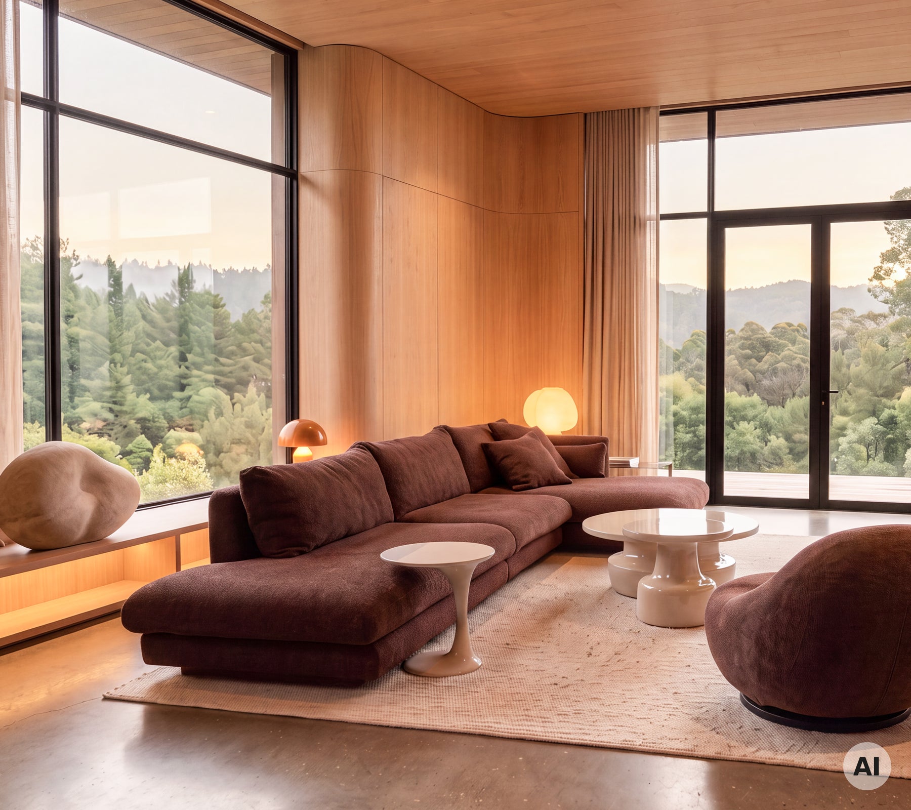 Sala moderna con un sofá púrpura, mesa auxiliar blanca y silla redonda con grandes ventanas.