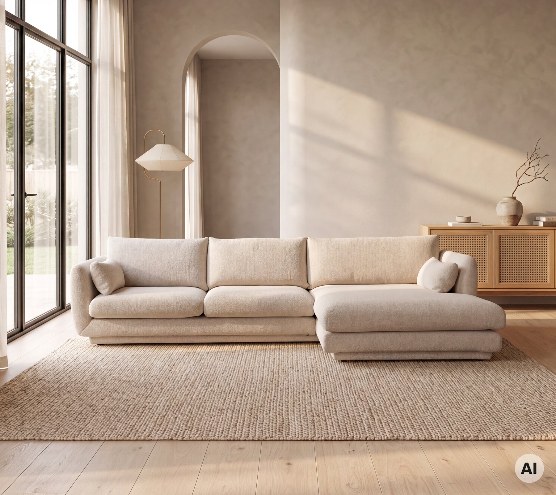 Sofá beige moderno en un salón minimalista con una alfombra.